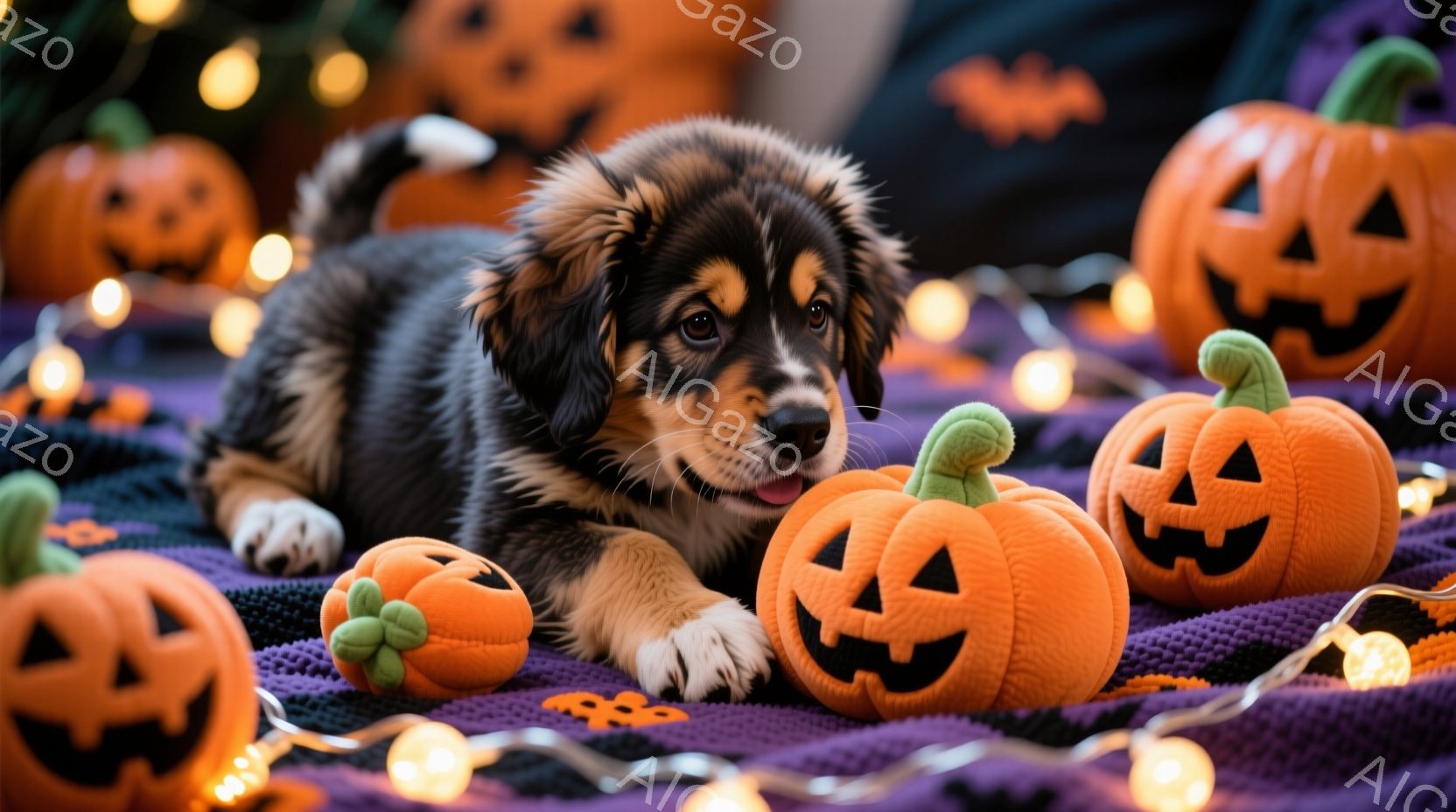 暗い紫色とオレンジ色の背景に、小さな子犬が横たわっています。子犬は白と黒の毛並みで、オレンジ色のハロウィンカボチャのおもちゃに囲まれており、少し舌をペロリと出しています。背景には、ハロウィーンの装飾が - AI生成フリー素材