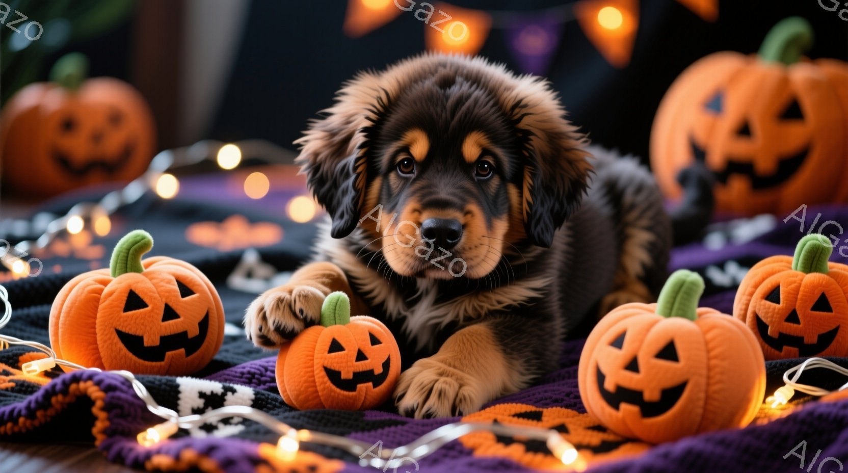 茶色と黒の毛並みを持つ子犬が、ハロウィーンの小さなカボチャの周りに横たわっています。紫色の毛布の上にカボチャが並べられ、オレンジ色の光が散りばめられた背景は、お祝いの雰囲気を醸し出しています。子犬はリ - AI生成フリー素材