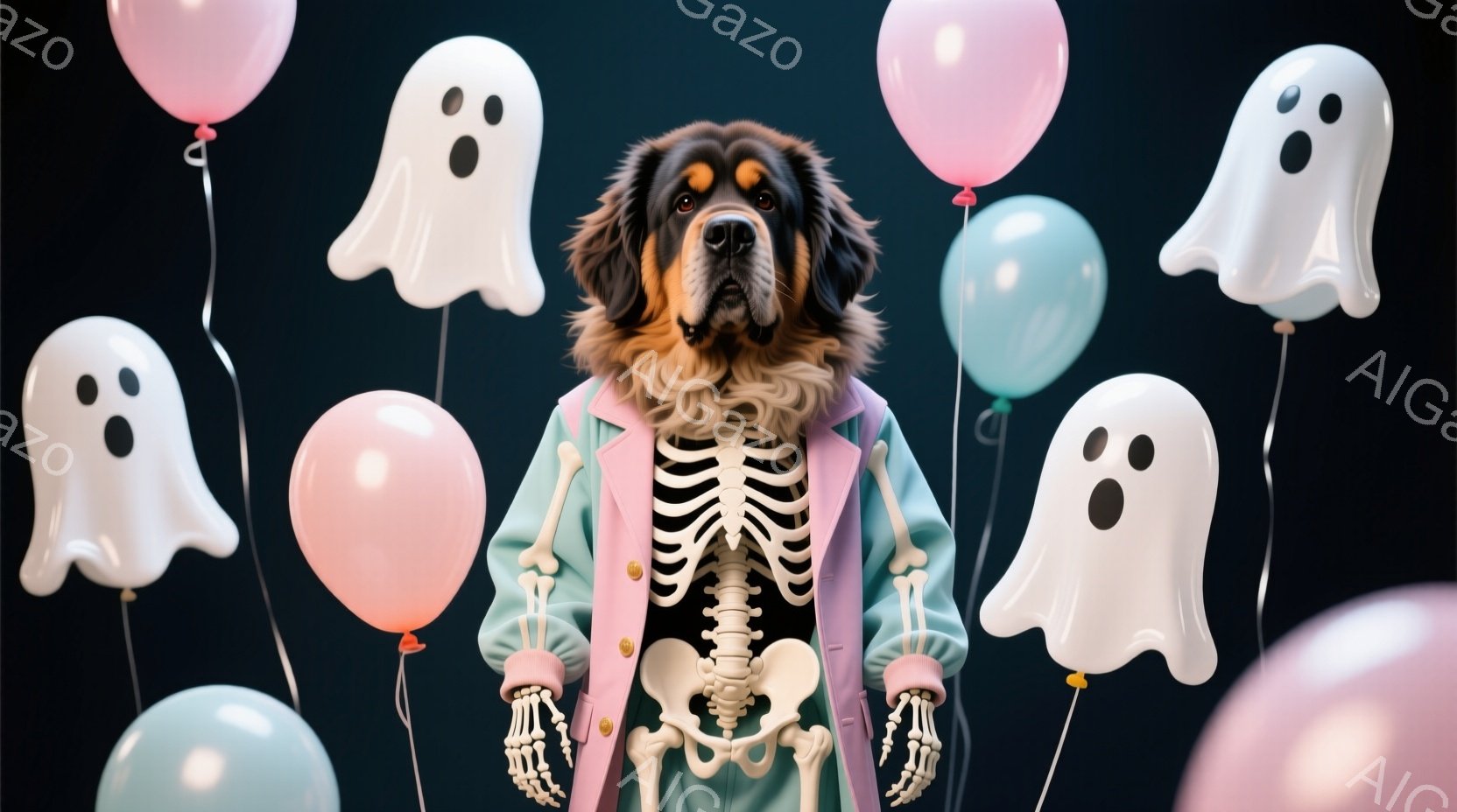 大きな犬が骸骨の衣装を着て、薄いピンク色のジャケットを着ています。背景には、白や水色の風船と幽霊の形をした装飾が浮かび、ハロウィーンのような雰囲気を醸し出しています。犬は正面を向いており、少し困ったような表情をしています。