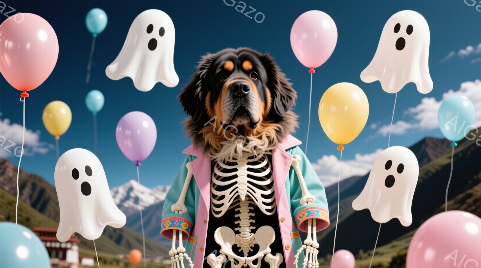 大きな犬が、骸骨柄の服と水色のジャケットを着て立っています。周りには白い幽霊のような形をした飾りと、ピンク、水色、オレンジ色の風船が浮いています。背景には山々が見え、晴天の下、お祭りやパーティーのよう - AI生成フリー素材