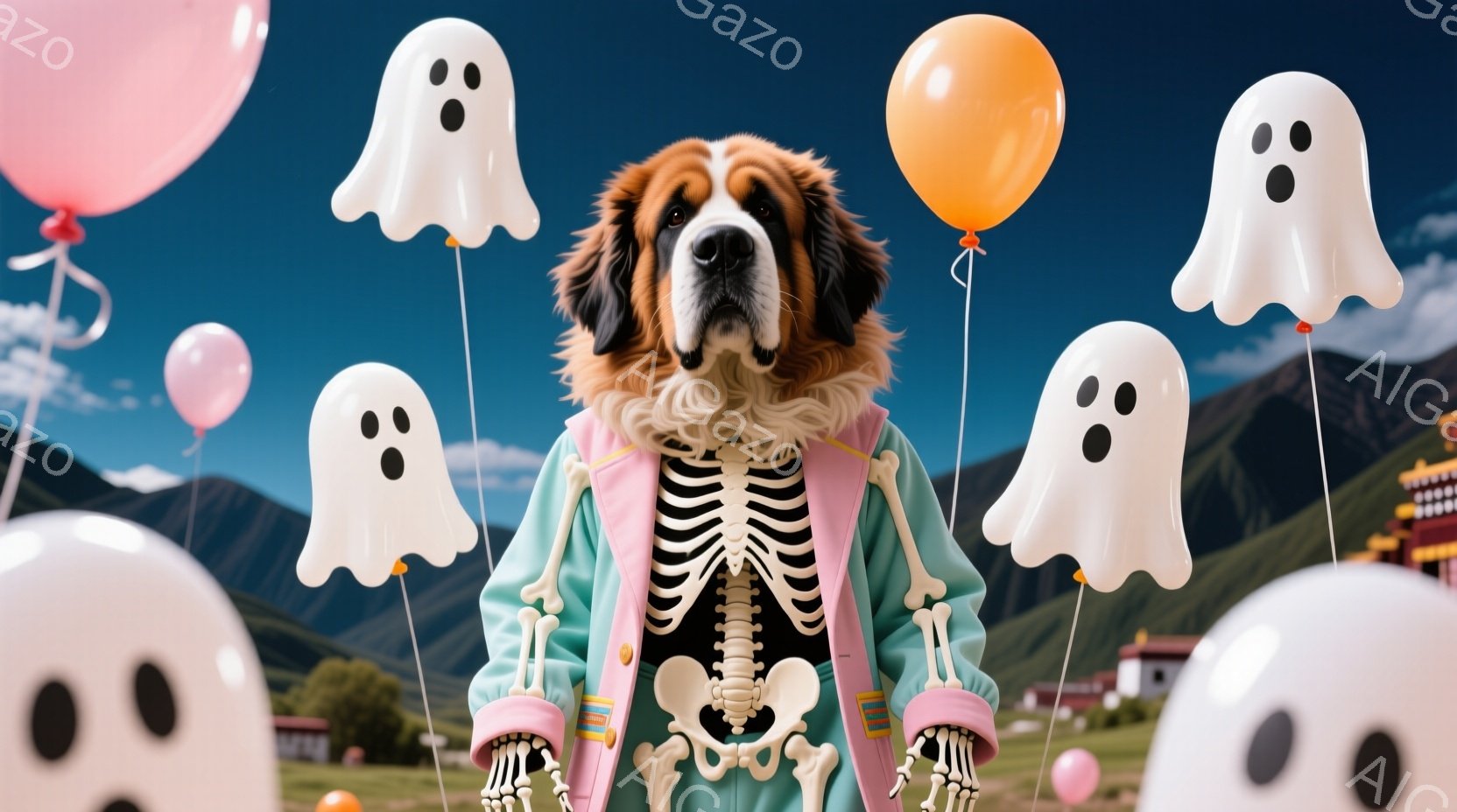 大きな犬がハロウィーンの衣装を着ています。骨格模様の服に水色のジャケットを羽織り、頭にはオレンジ色の髪飾りをつけています。背景には山々と建物、そしてたくさんの白いお化けのバルーンが浮かび、陽気なハロウィーンの雰囲気を醸し出しています。