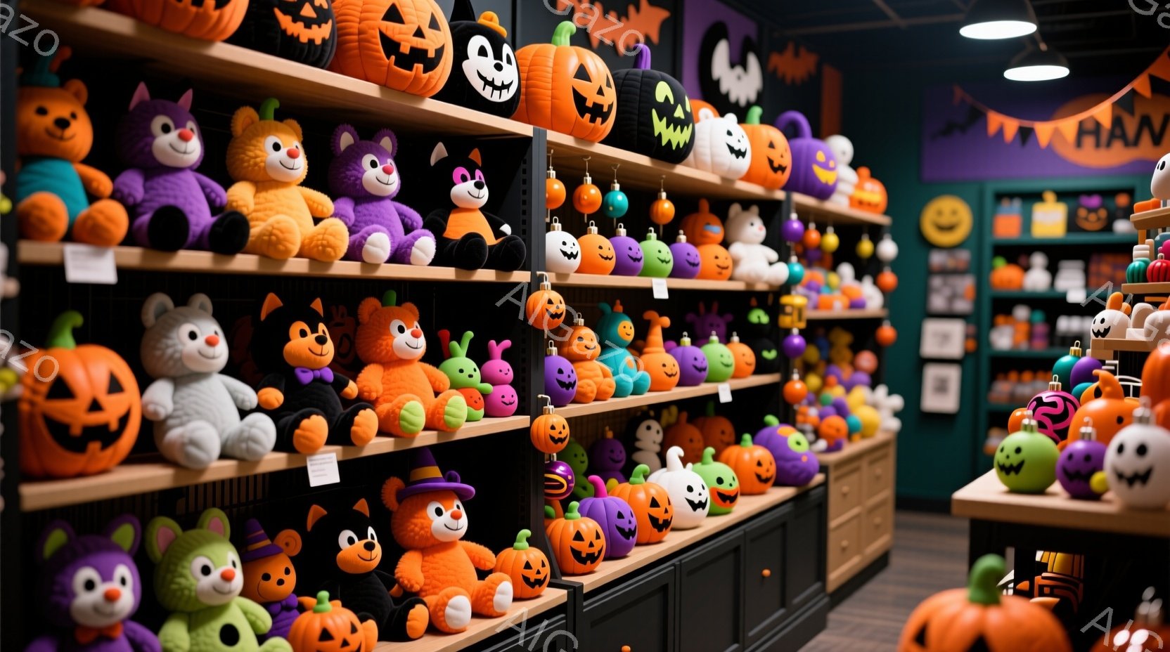 ハロウィーンをテーマにしたお店の棚には、紫、オレンジ、緑色の様々なぬいぐるみやパンプキン型の装飾品が並んでいる。ぬいぐるみは可愛らしい表情で、一部には帽子が被っており、ハロウィーンの雰囲気を盛り上げている。背景には他の商品が見え、全体的に明るく楽しいハロウィーンの装飾が施されたお店の様子がうかがえる。