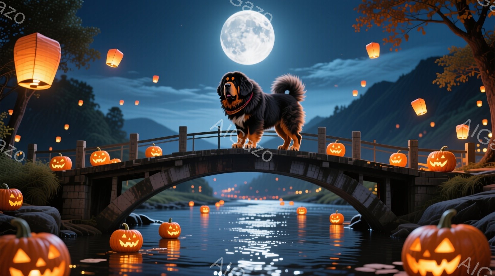 満月の夜、石造りの橋の上に大きな黒い犬が立っている。橋の両側には、微笑むカボチャのランタンが並び、水面にはその光が反射している。背景には緑豊かな山々がそびえ立ち、幻想的な雰囲気を醸し出している。