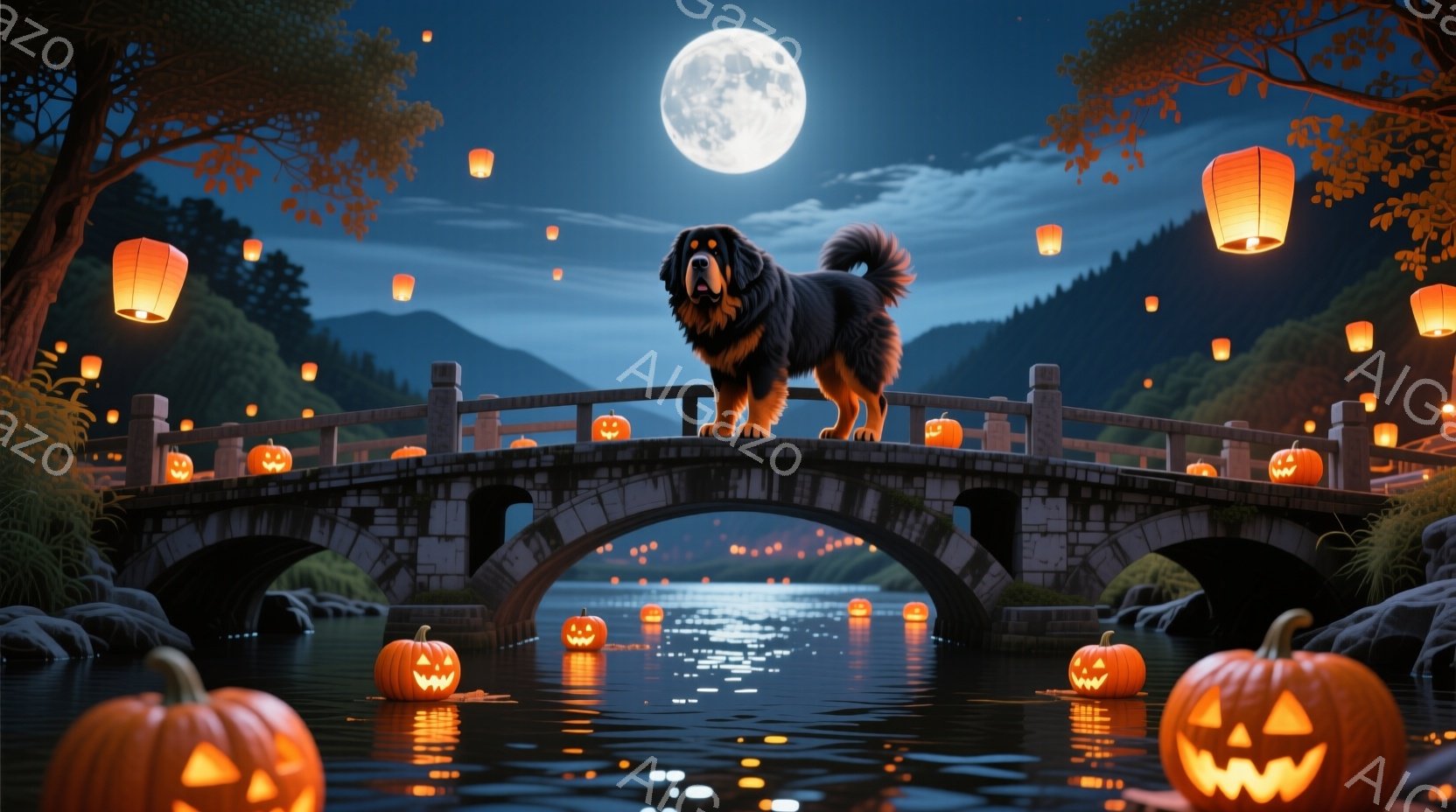 満月が輝く夜、石造りの橋の上に大きな黒い犬が立っている。橋の上や水面には、ハロウィーンの飾りであるジャック・オー・ランタンが浮かび、周囲の木々は暗闇の中にシルエットとして浮かび上がっている。全体的に幻 - AI生成フリー素材