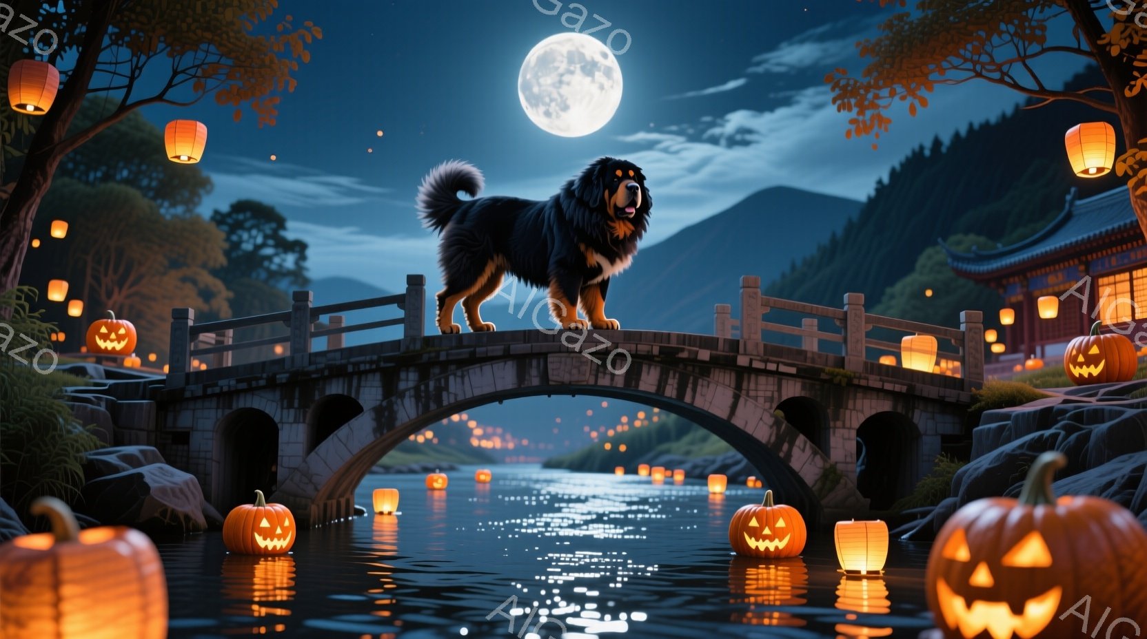 古代の石橋の上には、堂々としたチベタン・マスティフが立っている。月明かりの下、水面には無数の提灯とカボチャのランタンが浮かび、神秘的な雰囲気を醸し出している。背景には伝統的な建物と緑豊かな山々が広がり、幻想的な夜の風景が描かれている。