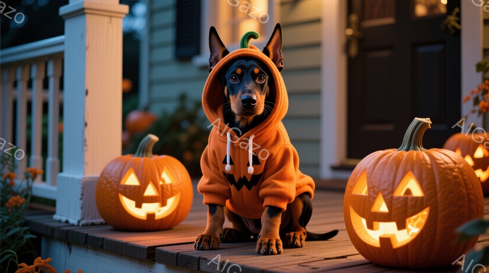 黒い毛並みの犬がハロウィーンをテーマにしたオレンジ色のパーカーを着て、正面をまっすぐ見て座っています。犬の周りには、ジャック・オー・ランタンとして彫られた、点灯しているオレンジ色のカボチャが配置されて - AI生成フリー素材