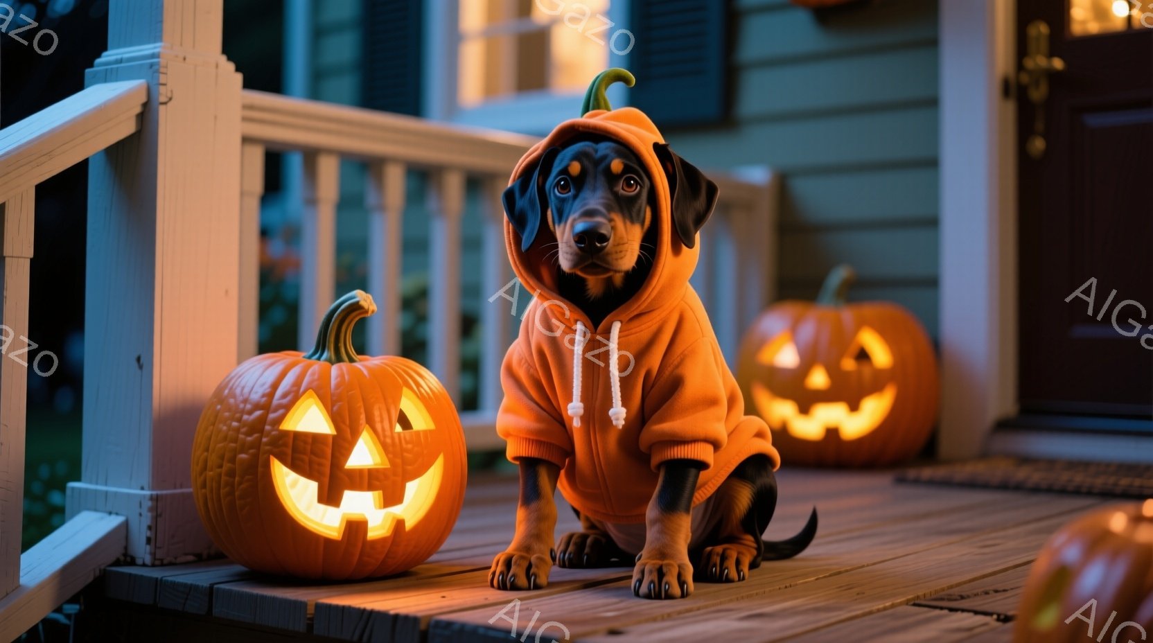 オレンジ色のハロウィン風のパーカーを着た小さな犬が、彫刻が施されたジャック・オー・ランタンに囲まれて木製のベランダに座っています。犬は前足を揃え、少し不安そうな表情でカメラを見つめています。背景には、 - AI生成フリー素材