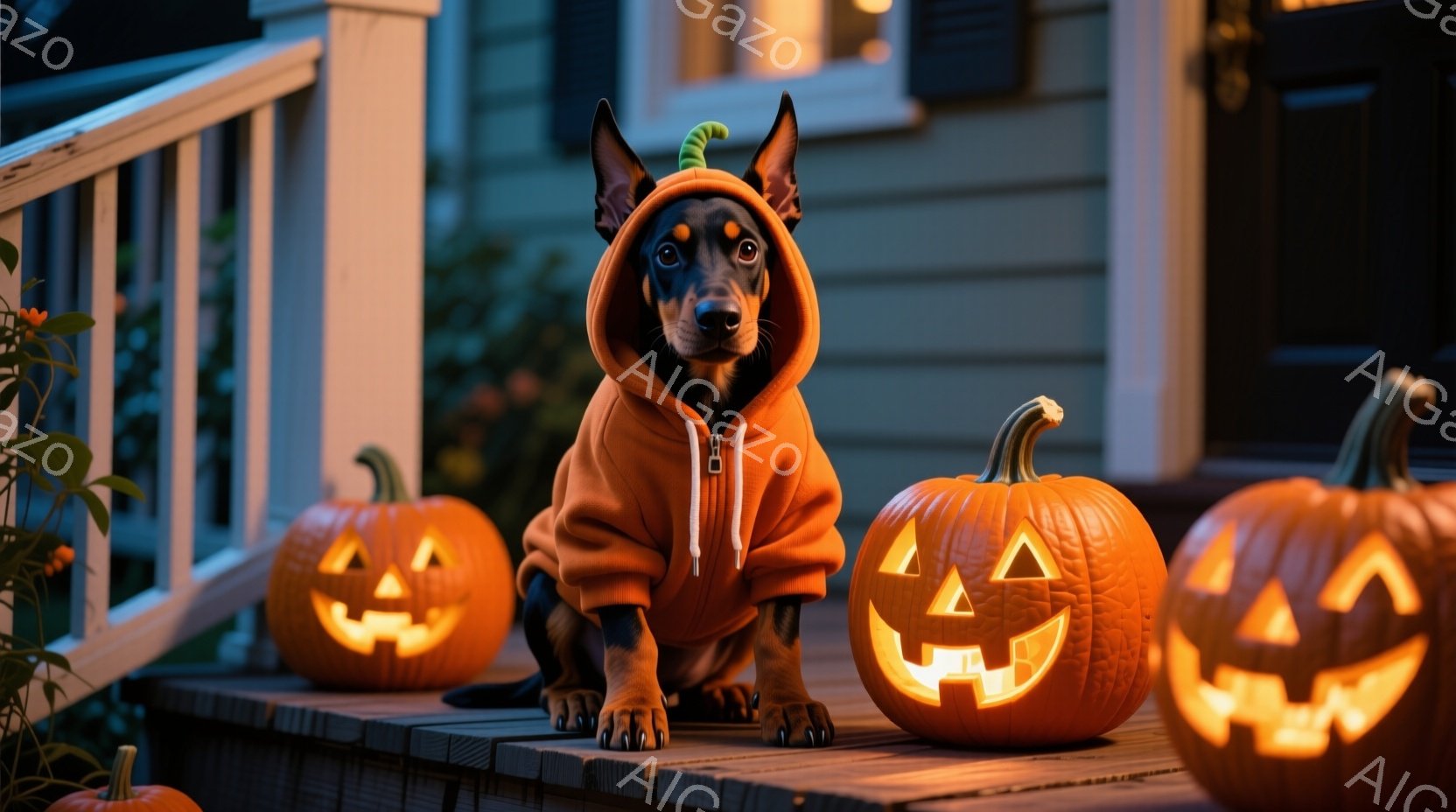 黒と茶色の犬がオレンジ色のパーカーを着て、ハロウィーンの飾りのカボチャに囲まれてデッキに座っています。カボチャはすべて彫刻されており、内部から温かい光を放っています。背景には、夜間に照らされた家の外観 - AI生成フリー素材