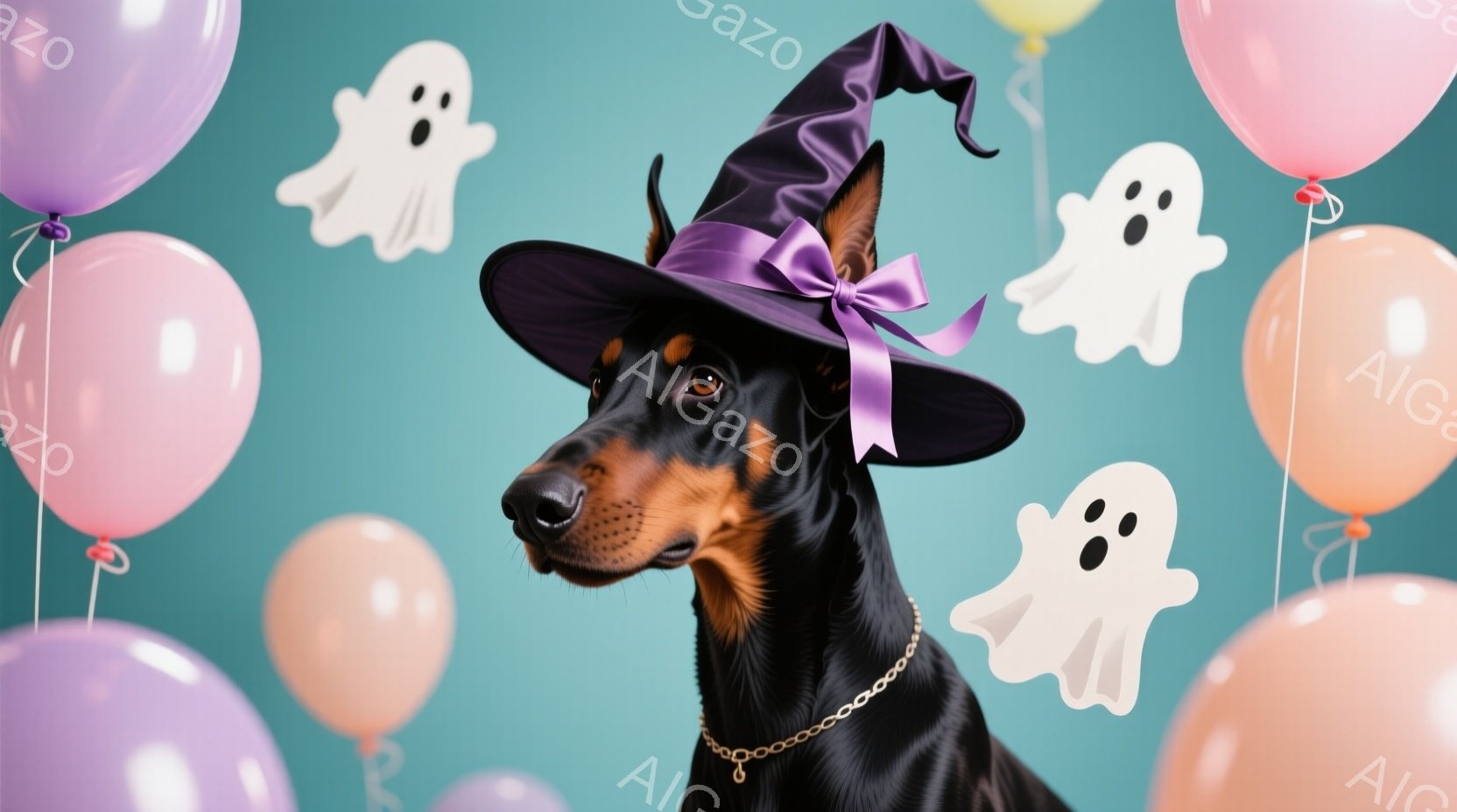 黒いドーベルマンが、紫のリボンが付いた黒い魔女帽子を被って正面を見ている。首には銀色のチェーンのネックレスが巻かれ、背景にはパステルカラーの風船と白いお化けの飾り付けがある。ハロウィーンを連想させる、 - AI生成フリー素材