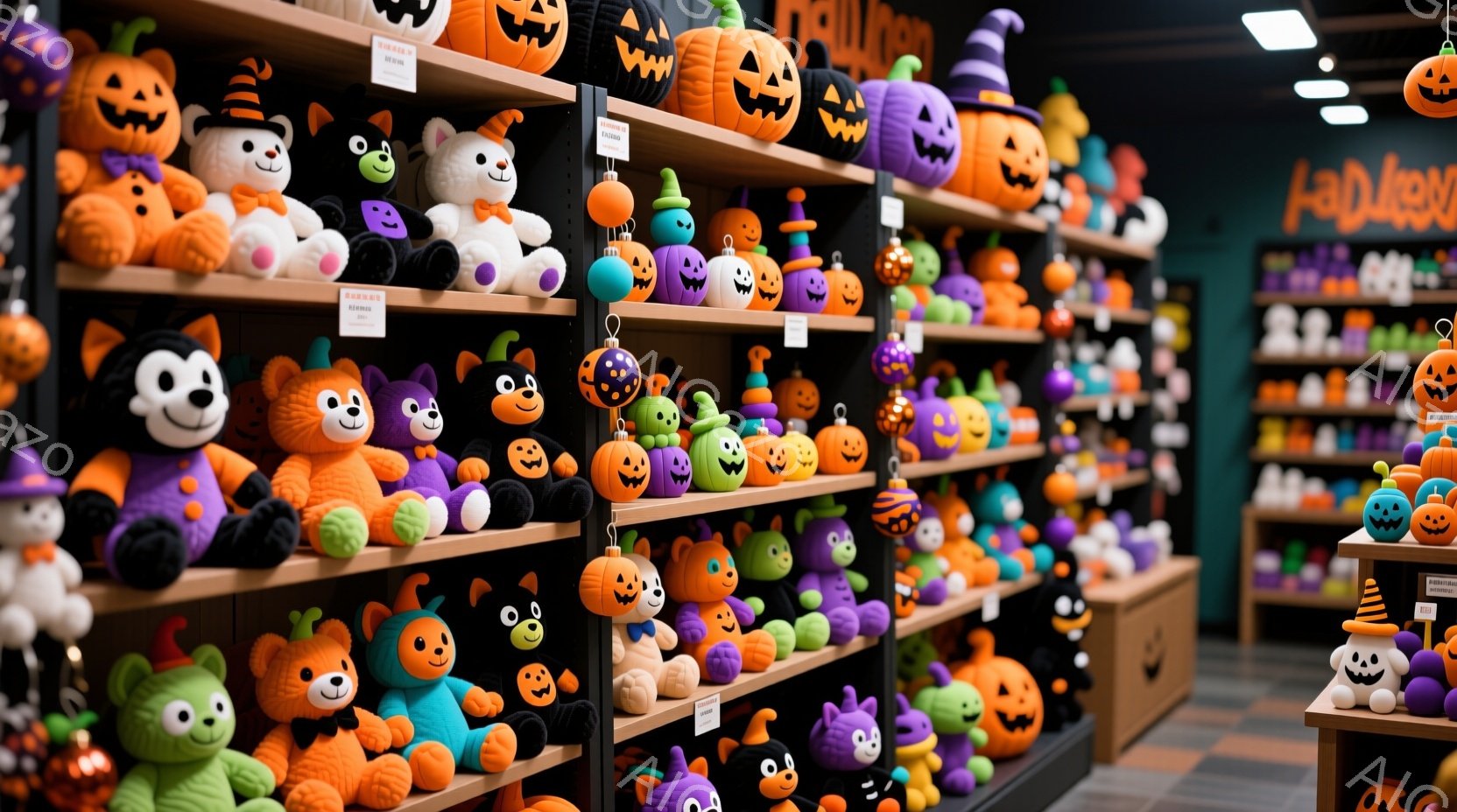 ハロウィーンをテーマにしたお店の棚には、カボチャや猫、幽霊などの様々なぬいぐるみで溢れています。オレンジ、紫、緑などのハロウィーンカラーのぬいぐるみが整然と並べられており、それぞれに価格タグが付いています。背景にはハロウィーンを連想させる装飾が見え、お祭り気分を盛り上げています。