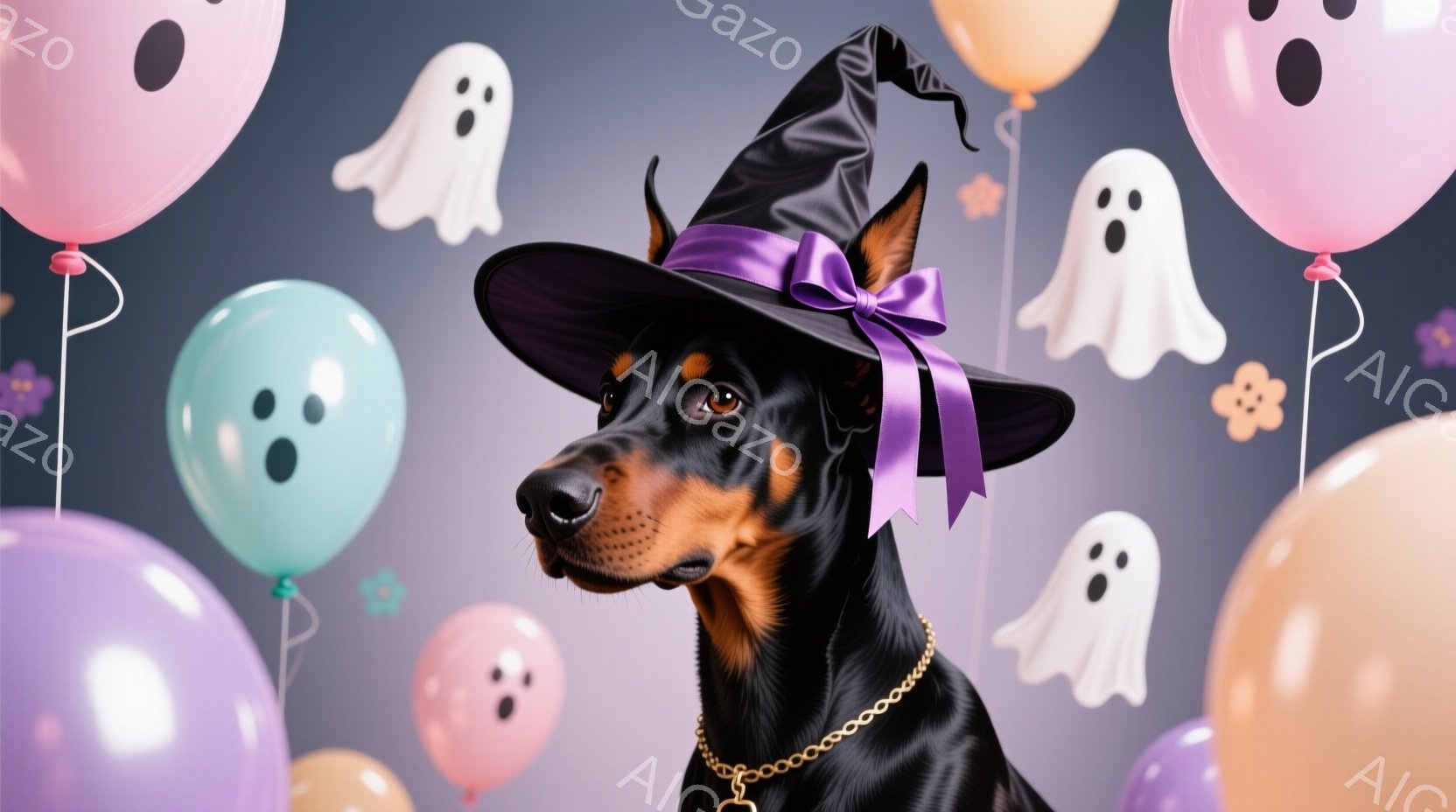 ドーベルマンがハロウィーンの帽子をかぶって正面を見つめている。背景には、紫、ピンク、水色の風船と、お化けのイラストが浮かんでおり、お祝いの雰囲気を醸し出している。犬は首輪をつけており、少し真剣な表情で、ハロウィーンの装飾に囲まれて楽しんでいる様子が伺える。