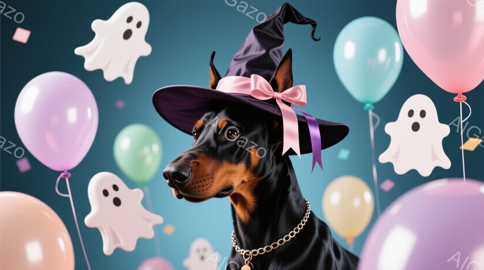 黒いドーベルマンがハロウィーン用の黒い帽子とピンクのリボンを身につけて、カメラの方を少し横を向いています。背景には、パステルカラーの風船と白い幽霊のイラストが浮かび、お祝いの雰囲気を醸し出しています。 - AI生成フリー素材