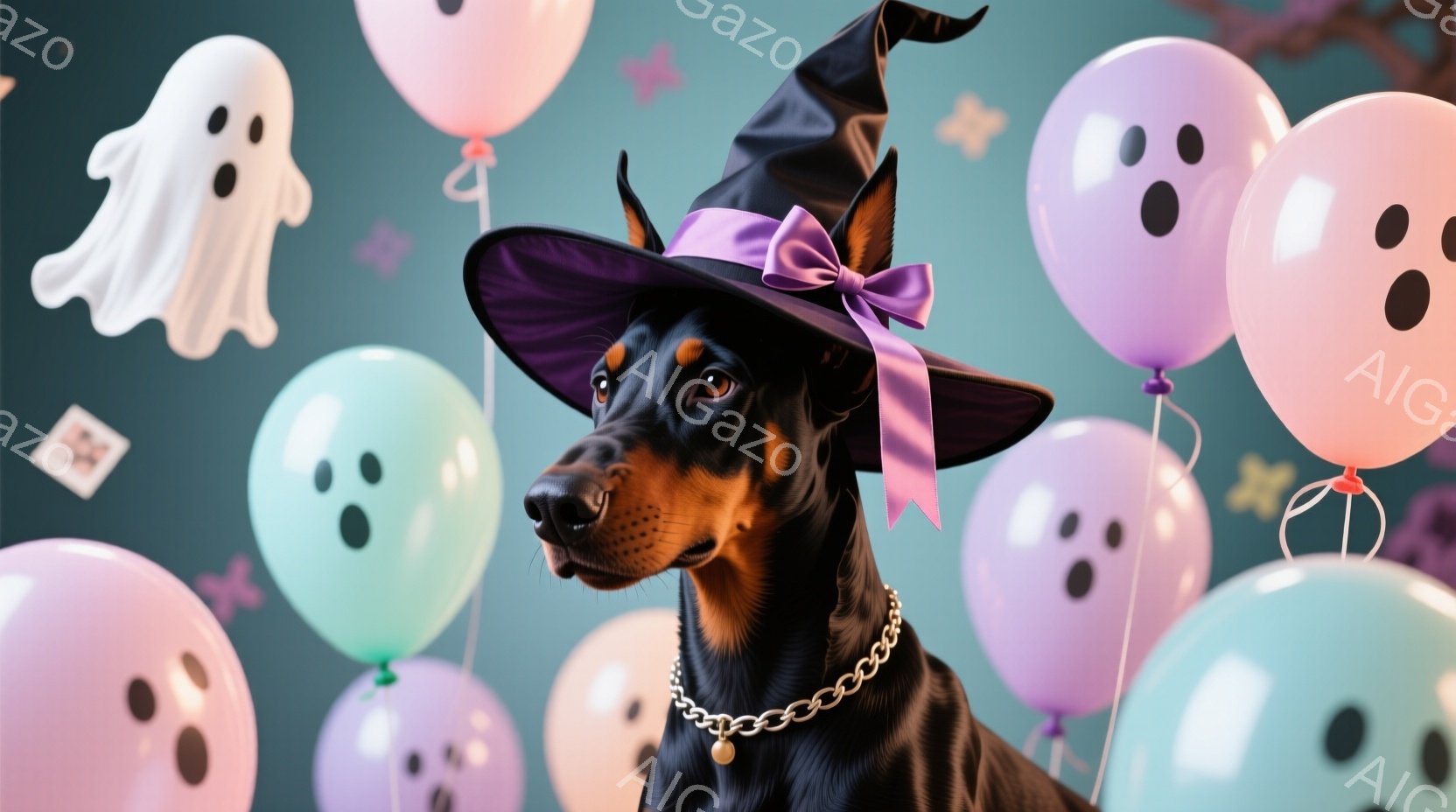 ドーベルマンがハロウィーンの魔女帽子をかぶり、紫のリボンがアクセントになっている。背景には、お化けの形をした風船や星が浮かび、お祝いの雰囲気を醸し出している。犬は少し横を向き、落ち着いた表情で、ハロウ - AI生成フリー素材