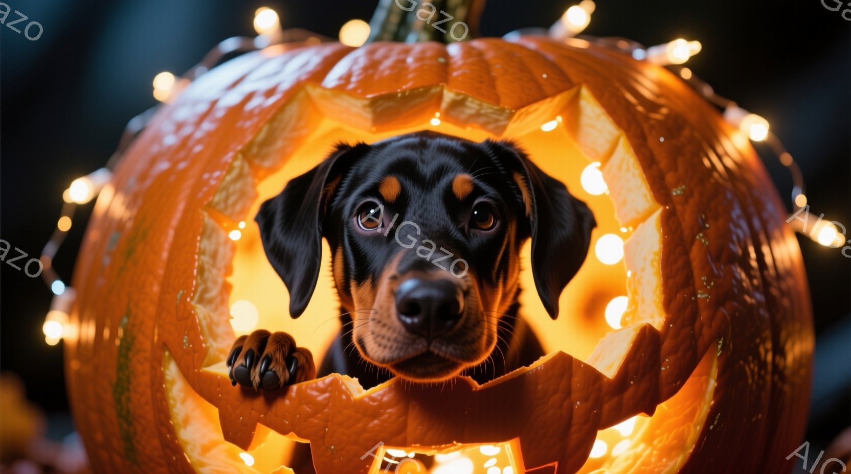 黒い毛並みの犬が、くり抜かれたオレンジ色のカボチャの中から顔を出している様子が写っている。カボチャの内部は明るく照らされており、犬の顔と爪が強調されている。背景にはぼんやりとした光のぼやけがあり、ハロ - AI生成フリー素材
