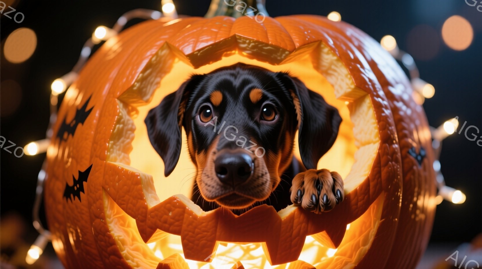黒い毛並みの小さな犬が、くり抜かれたオレンジ色のカボチャの中に顔を出しています。犬は前足をカボチャの縁にかけ、好奇心旺盛な表情でカメラを見つめています。背景にはぼやけたオレンジ色の光が点滅し、ハロウィ - AI生成フリー素材