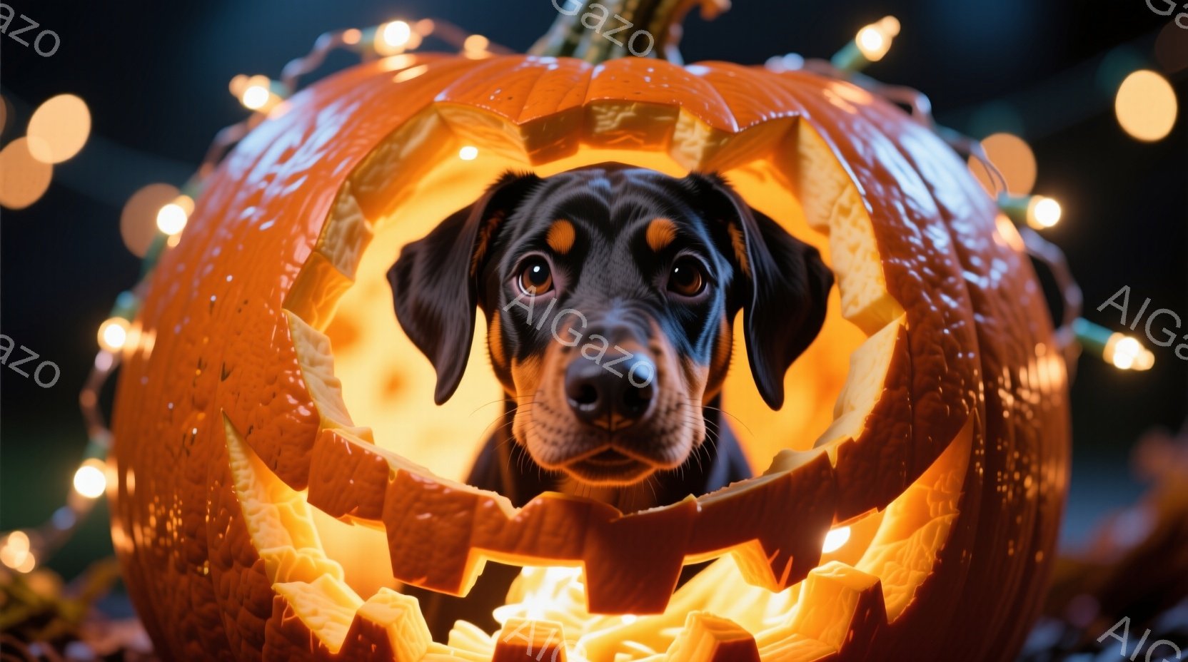 黒い毛並みの犬が、ハロウィーンのくり抜かれたカボチャの中に頭を出しています。カボチャの内側は明るいオレンジ色に光っており、犬の茶色の目と鼻が際立っています。背景にはぼやけた光のストリングライトがあり、 - AI生成フリー素材
