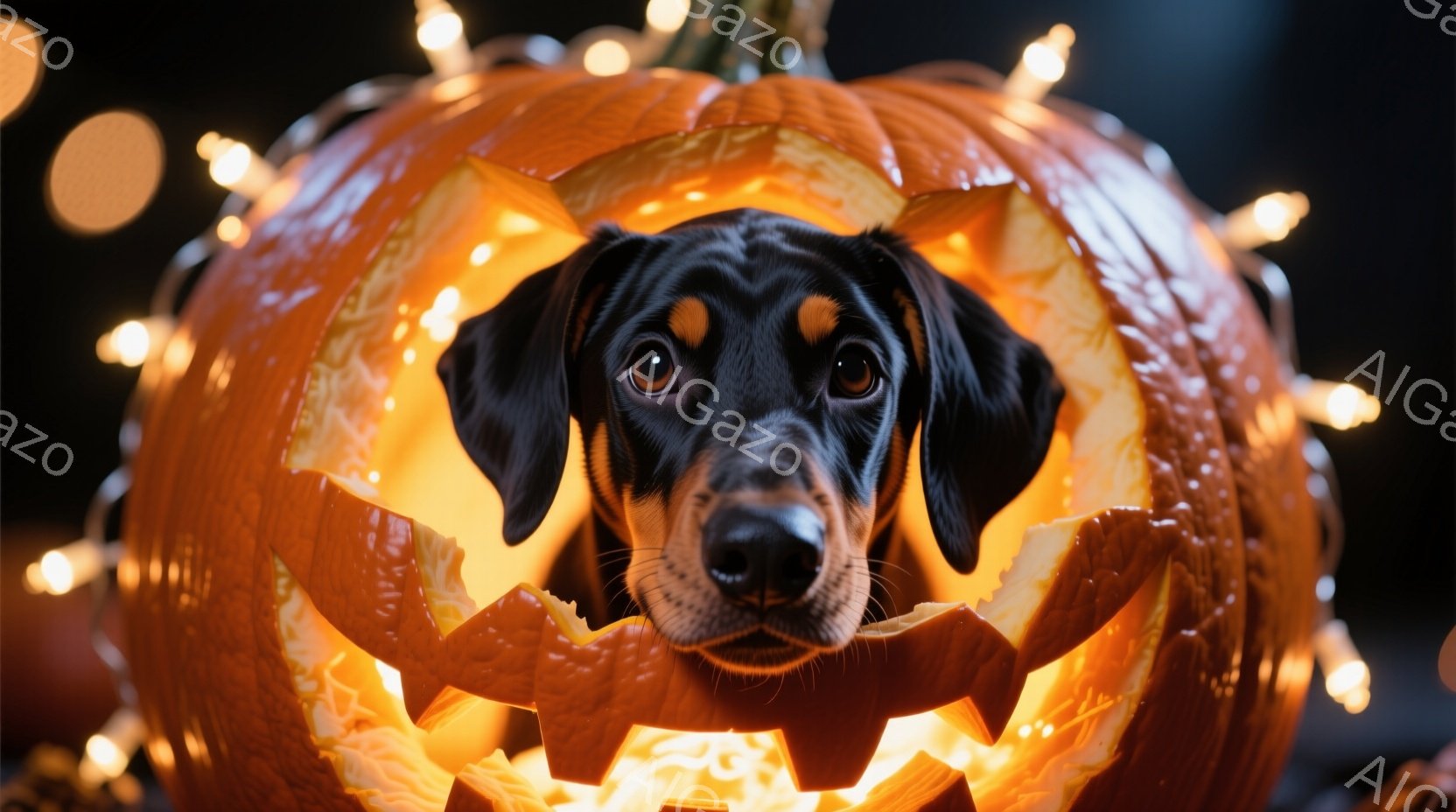 黒い毛並みの犬が、ハロウィン用のくり抜かれたカボチャの中に顔を覗かせています。犬は少し不安そうな表情で、正面を見ています。背景にはぼやけた電飾が並び、お祝いムードを醸し出しています。 - AI生成フリー素材