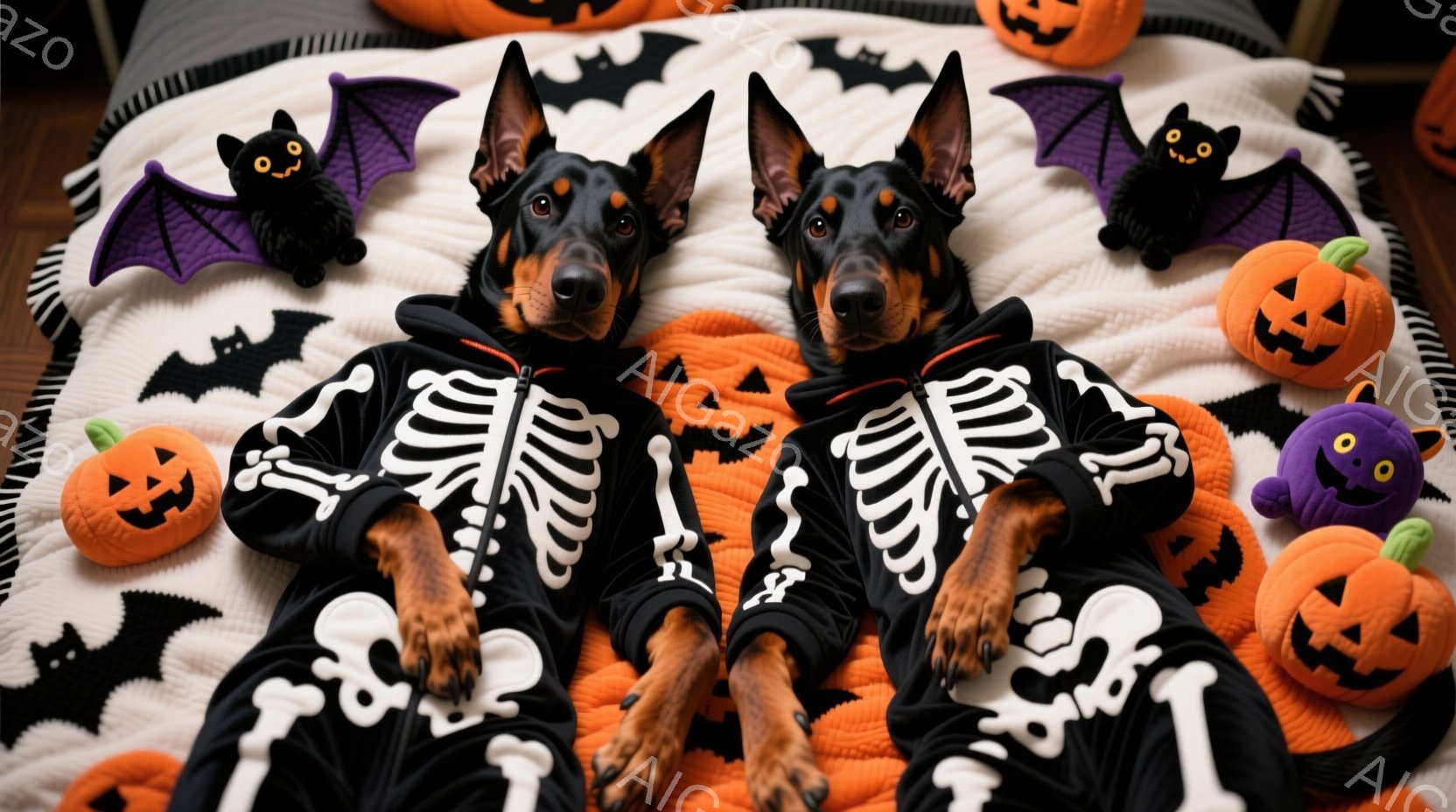 ハロウィーンをテーマにした写真で、2匹のドーベルマンが骸骨柄のトレーナーを着て、白い背景に散らばるカボチャやお化けのぬいぐるみと並んで横たわっています。犬たちはリラックスした表情で、ハロウィーンの雰囲 - AI生成フリー素材