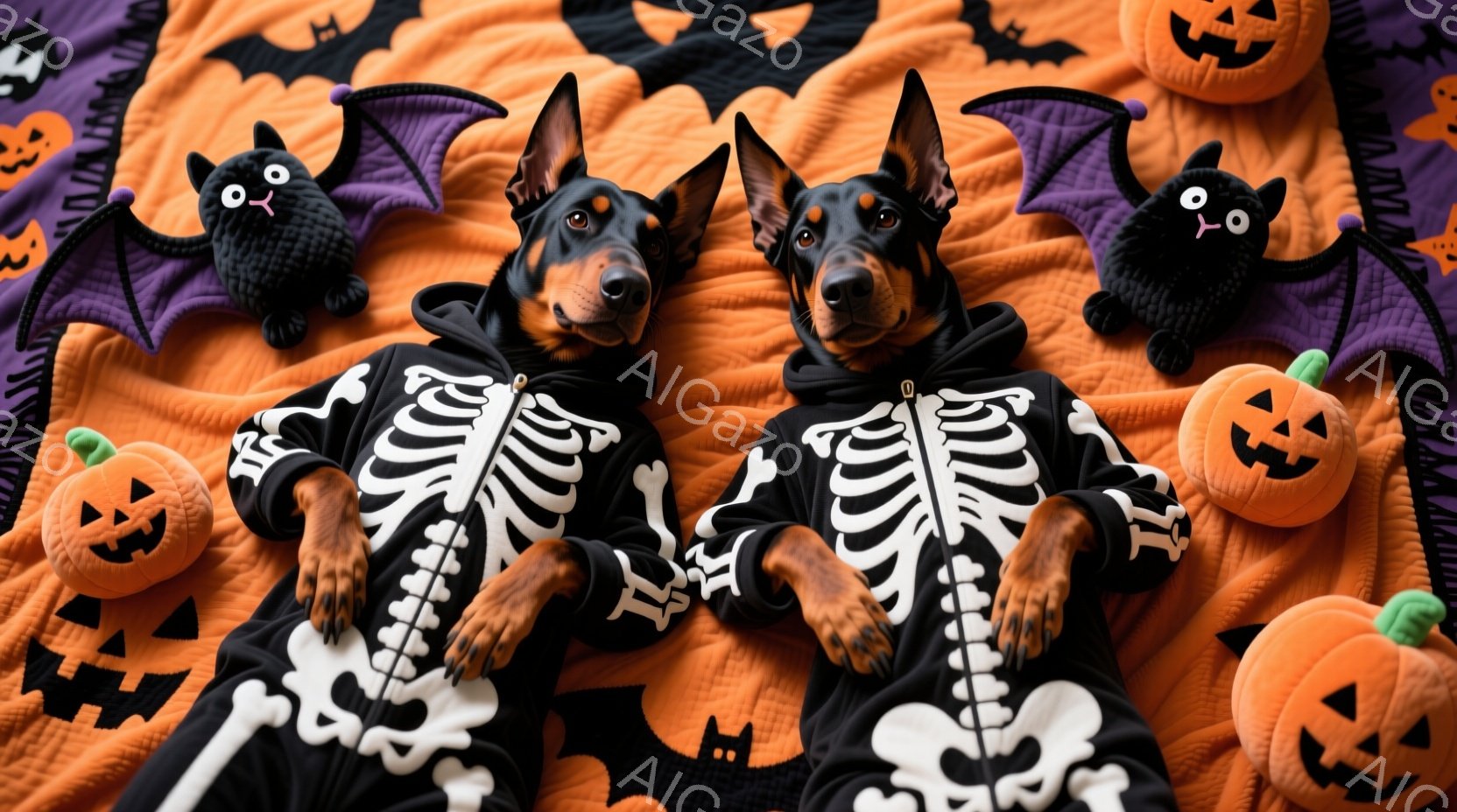 ハロウィーンをテーマにした背景に、骸骨の衣装を着た2匹のドーベルマンが横たわっています。彼らはリラックスした表情で、おもちゃの黒猫とカボチャに囲まれており、明るいオレンジと紫色の背景がハロウィーンの陽気な雰囲気を強調しています。全体的に、居心地の良いお祝いの雰囲気を醸し出しています。