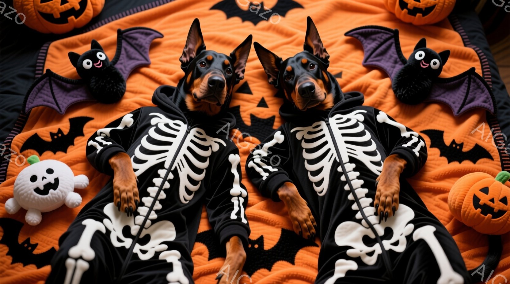 ドーベルマン2匹がハロウィーンをテーマにしたオレンジ色の背景に、骸骨柄のコスチュームを着て座っています。犬たちは前足を伸ばし、リラックスした様子でカメラに向かって穏やかな表情を浮かべています。背景には - AI生成フリー素材