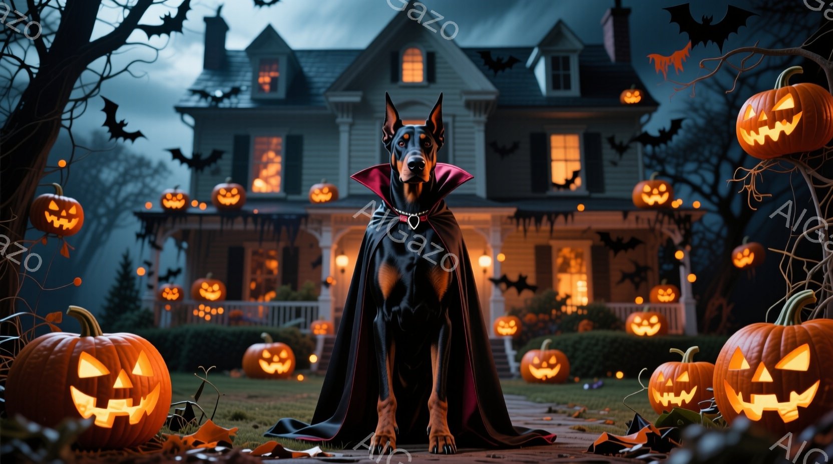 黒いドーベルマンが、ドラキュラ風の黒いマントと襟を付けて、庭の小道にまっすぐ立っている。背景には、たくさんのジャック・オ・ランタンで飾られた屋敷があり、黒いシルエットのコウモリが空を舞っている。全体的 - AI生成フリー素材