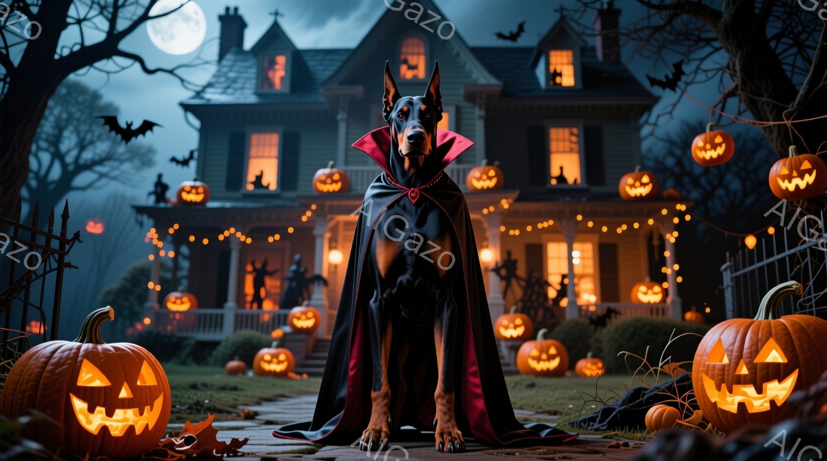 黒いドーベルマン犬が、ハロウィーンの夜に庭に立っている。赤い襟をつけ、黒いマントを羽織っており、まるで吸血鬼のようである。背景には、ジャック・オー・ランタンで飾られた邸宅が聳え立ち、不気味でありながら - AI生成フリー素材
