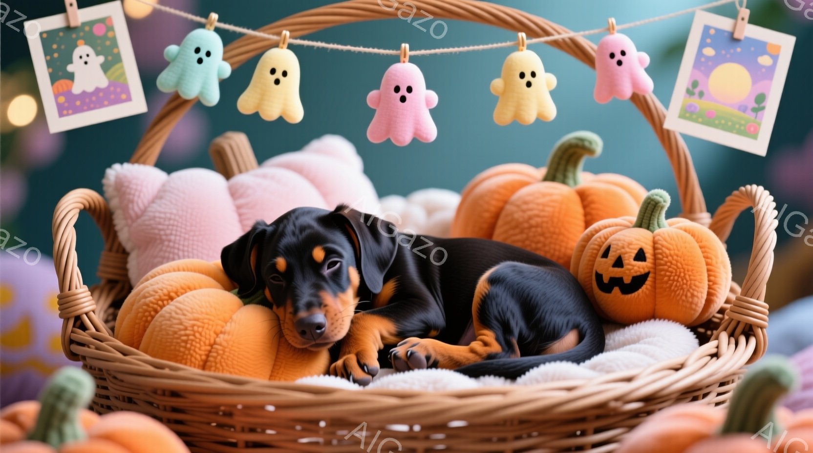 籐製のバスケットの中に、黒と茶色のダックスフンドの子犬が丸まって眠っています。バスケットの中には、オレンジ色のカボチャのぬいぐるみや白いお化けのぬいぐるみがたくさん入っており、ハロウィーンの雰囲気を醸し出しています。背景には、お化けやカボチャの絵が飾られたガーランドがあり、全体的に温かく、可愛らしい雰囲気です。
