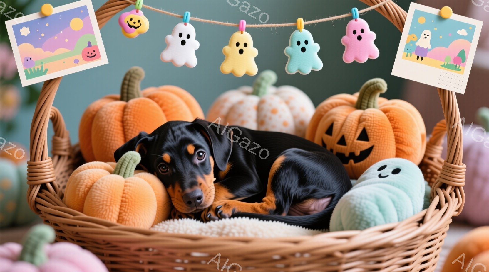 籠の中に黒いダックスフントが丸まって眠っており、周りにはオレンジ色のカボチャのぬいぐるみや水色のゴーストのぬいぐるみがたくさん置かれています。籠の上にはハロウィーンの絵柄が描かれたカードが飾られており、全体的に温かく、可愛らしい雰囲気が漂っています。背景はぼかされており、ハロウィーンの装飾が施された、居心地の良い空間を表現しています。