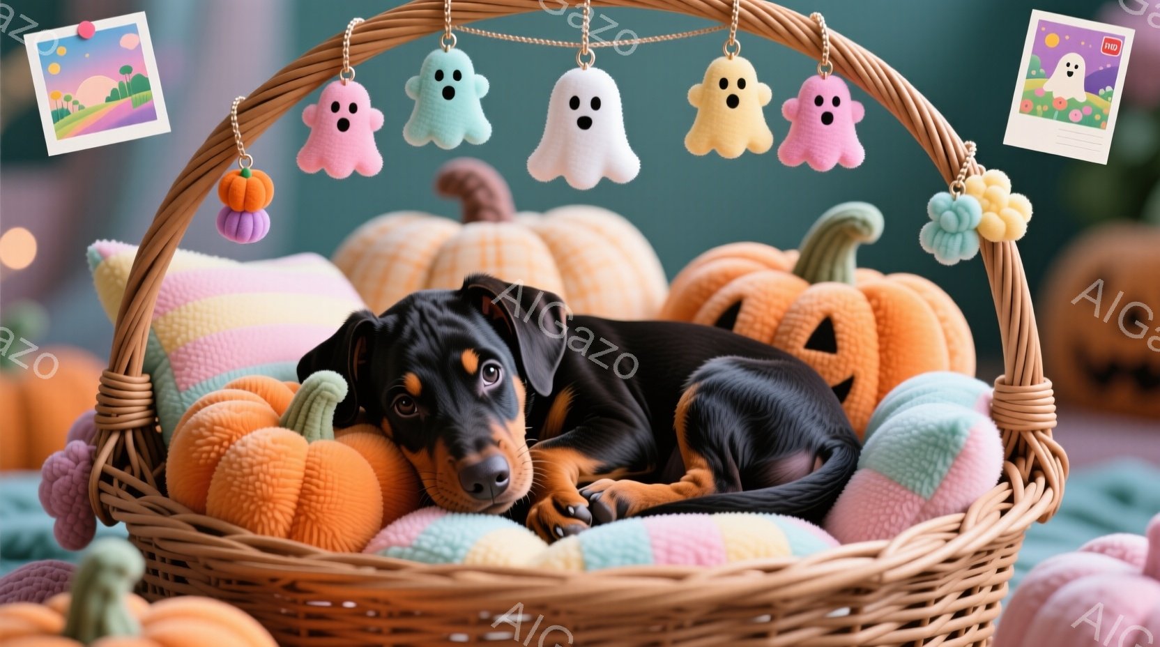 鮮やかなオレンジとパステルカラーのハロウィーンの装飾に囲まれた、茶色のダックスフントの子犬が籐の籠の中で横たわっています。子犬はリラックスした表情で、穏やかな視線をカメラに向けています。背景には、より多くのハロウィーンの装飾がぼやけて見え、暖かく居心地の良い秋の雰囲気が漂っています。