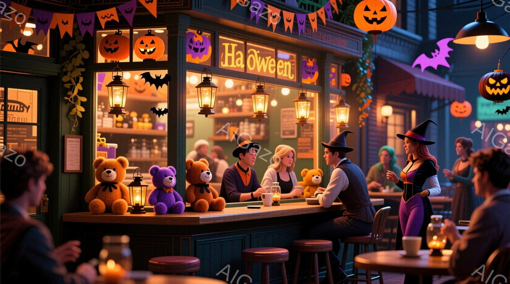 ハロウィーンをテーマにした賑やかなバーの内部が描かれています。人々はハロウィーンの衣装を着ており、女性は魔女の帽子と黒いドレス、男性はオレンジ色のセーターと帽子をかぶっています。バーカウンターにはテディベアが置かれ、背景には飾り付けられた建物やオレンジ色のランタンが並び、全体的に温かくお祝いの雰囲気です。