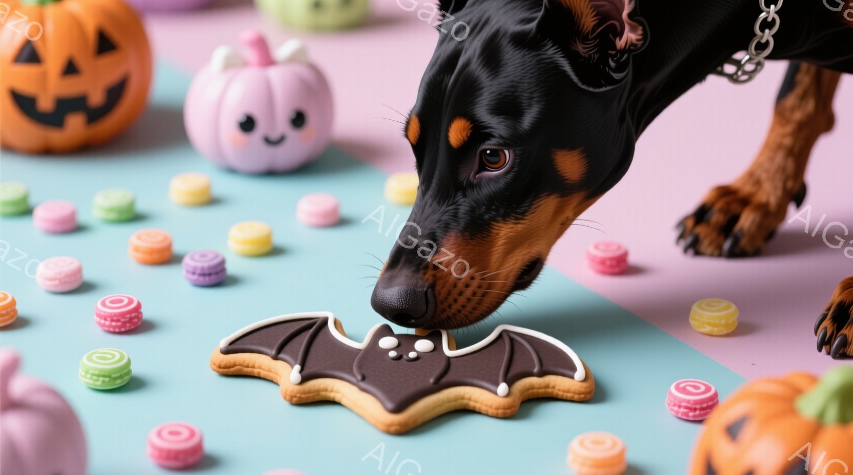 チョコレート色の毛並みのダックスフンドが、ハロウィーンをテーマにしたクッキー（コウモリの形）を鼻でそっとつついています。背景には、カラフルなマカロンや、可愛らしい表情のハロウィーンパンプキンが散りばめられており、明るいピンクと水色のグラデーションが目に鮮やかです。全体的に、ハロウィーンの楽しさと、愛らしい犬の様子が伝わる、温かくて遊び心のある雰囲気です。