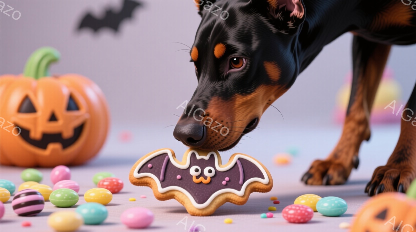 ドーベルマンがハロウィーンをテーマにしたお菓子に夢中になっている様子が写っています。紫色の背景に、カボチャのランタンやカラフルなキャンディーが散りばめられており、秋のハロウィーンの雰囲気が漂います。ドーベルマンはクッキーの形をしたコウモリに顔を近づけており、興味津々で楽しんでいる様子が伺えます。