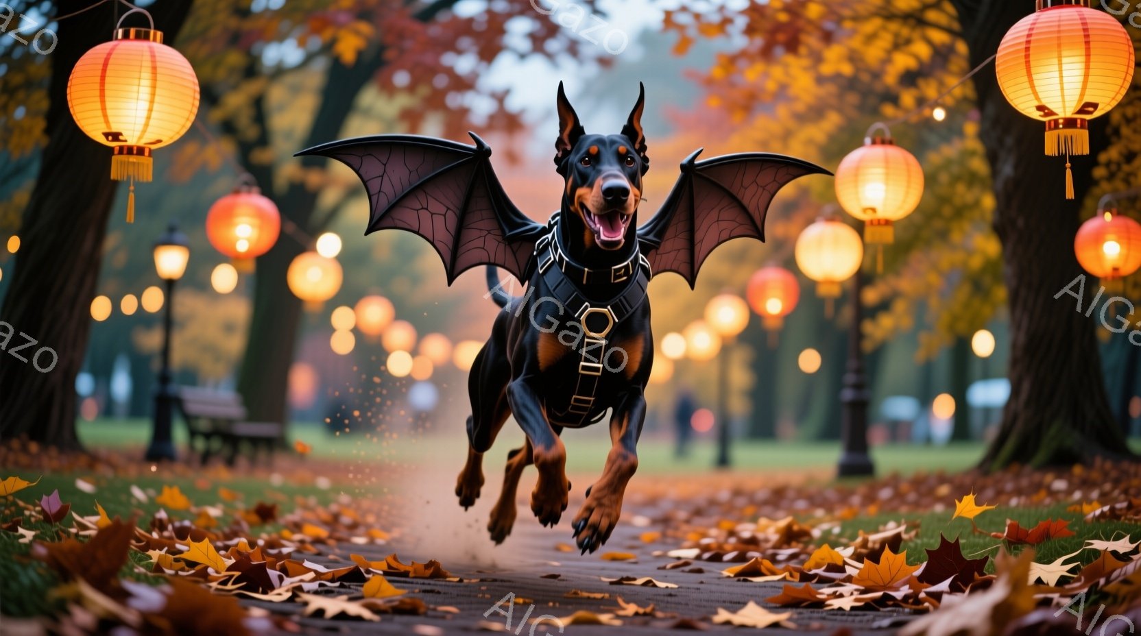 黒いドーベルマンが翼を広げ、落ち葉が散らばる遊歩道を勢いよく駆けている。背景にはオレンジ色の提灯が並び、木々が紅葉に染まり、秋の夕暮れを思わせる暖かく幻想的な雰囲気である。犬は楽しそうに微笑み、躍動感 - AI生成フリー素材