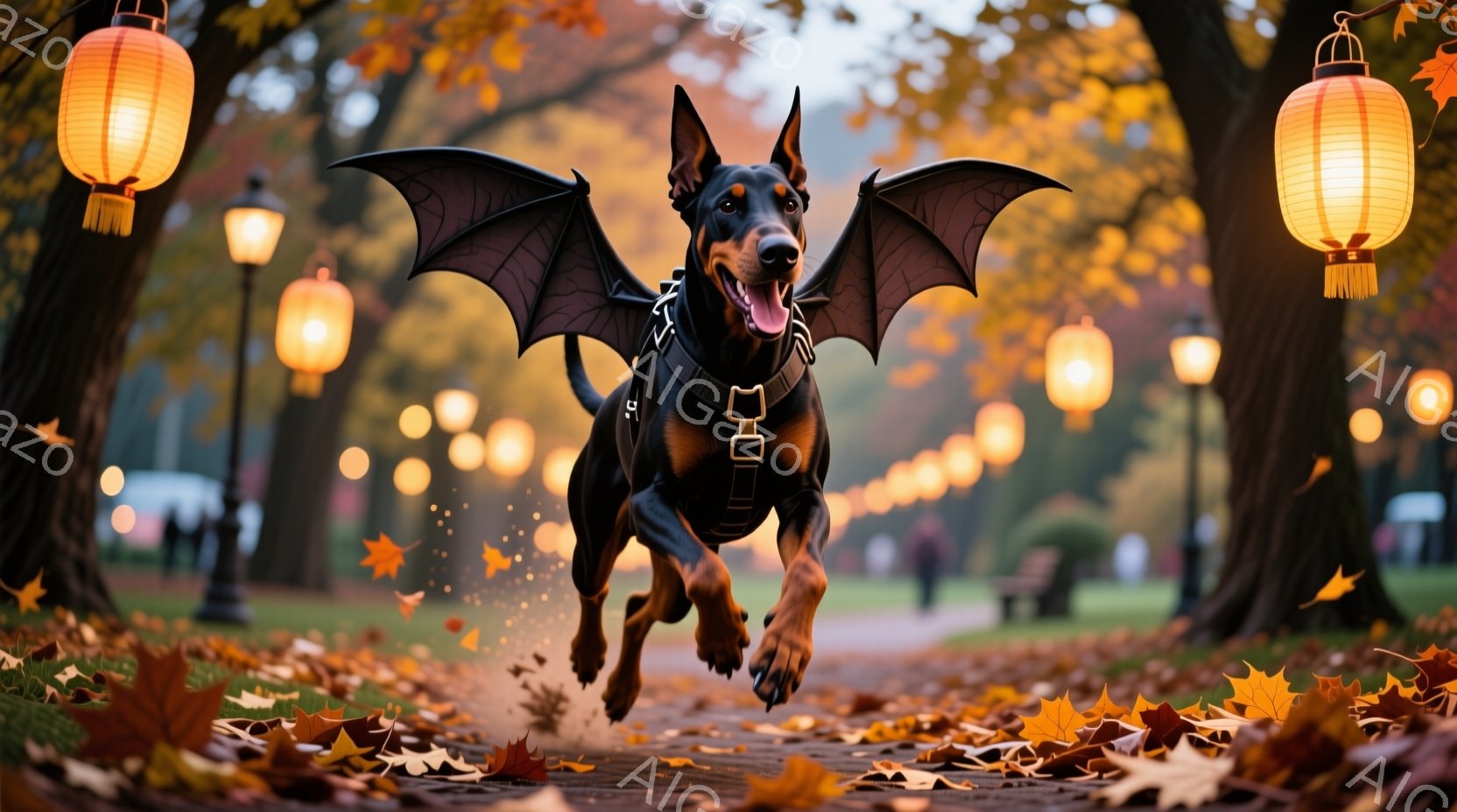 黒いドーベルマンが翼を広げ、落ち葉が舞う公園の遊歩道を疾走している。犬はハーネスを着用し、楽しそうに舌を出し、躍動感に満ちた姿勢で走っている。背景には、点灯された提灯が並び、秋の夕暮れのような暖かく幻 - AI生成フリー素材