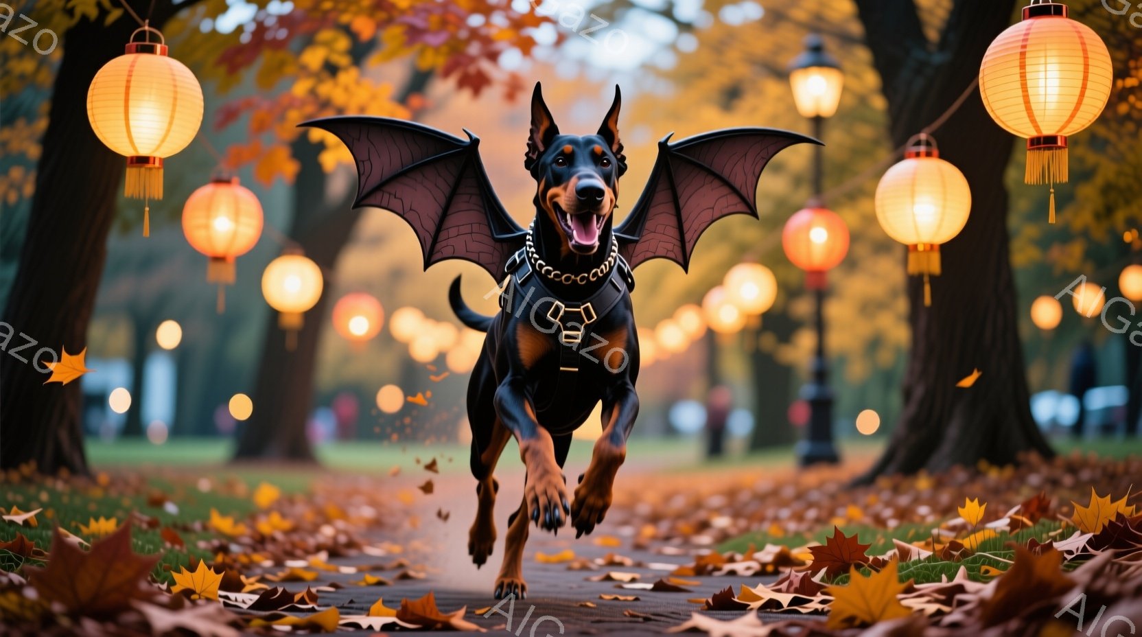 黒いドーベルマンが、まるで飛んでいるかのように、秋の落ち葉が舞う道の上を走り去っています。背中には黒い翼が取り付けられており、赤い首輪をつけて楽しそうに微笑んでいます。背景には、ライトアップされた街路樹と提灯が並び、秋の暖かく幻想的な雰囲気を醸し出しています。