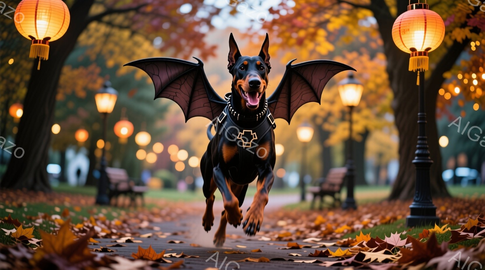 ドーベルマンが公園の小道の中央を勢いよく駆け抜けている。黒い翼とハーネスを装着し、口を開けて楽しそうにしている。背景には、紅葉した木々とぼやけた街灯が並び、秋の暖かく明るい雰囲気を醸し出している。 - AI生成フリー素材