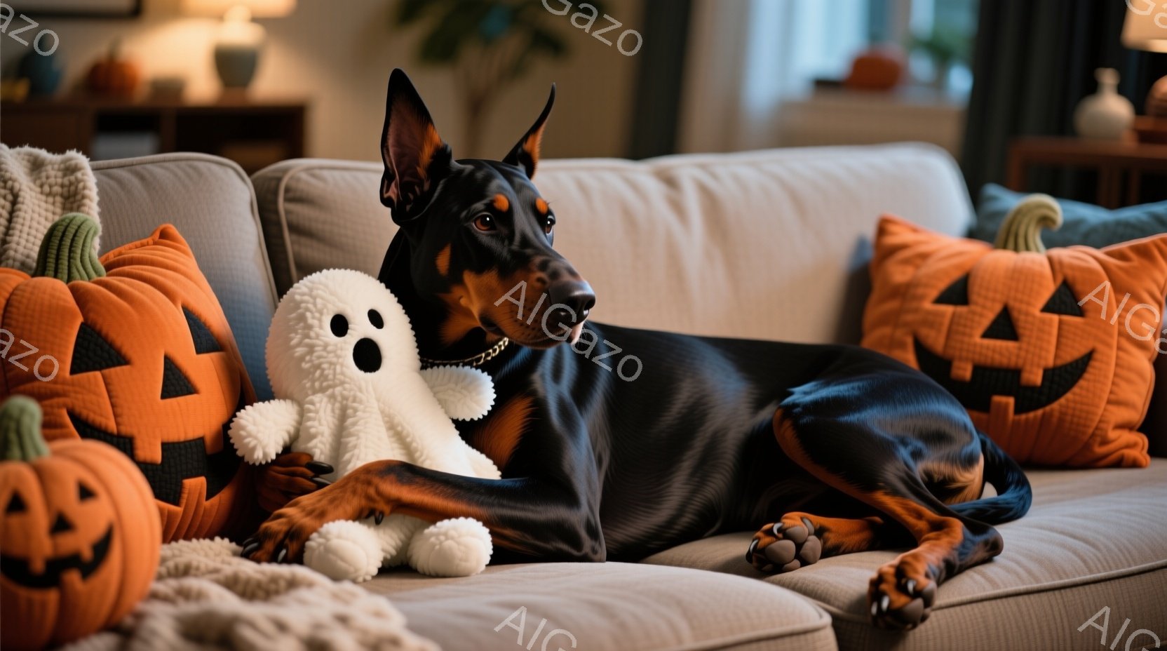 黒いドーベルマンがクリーム色のソファに横たわり、白いお化けのぬいぐるみを抱えています。背景にはハロウィーンのテーマで装飾されたクッションやカボチャが置かれ、居心地の良いリビングルームの様子が伺えます。 - AI生成フリー素材