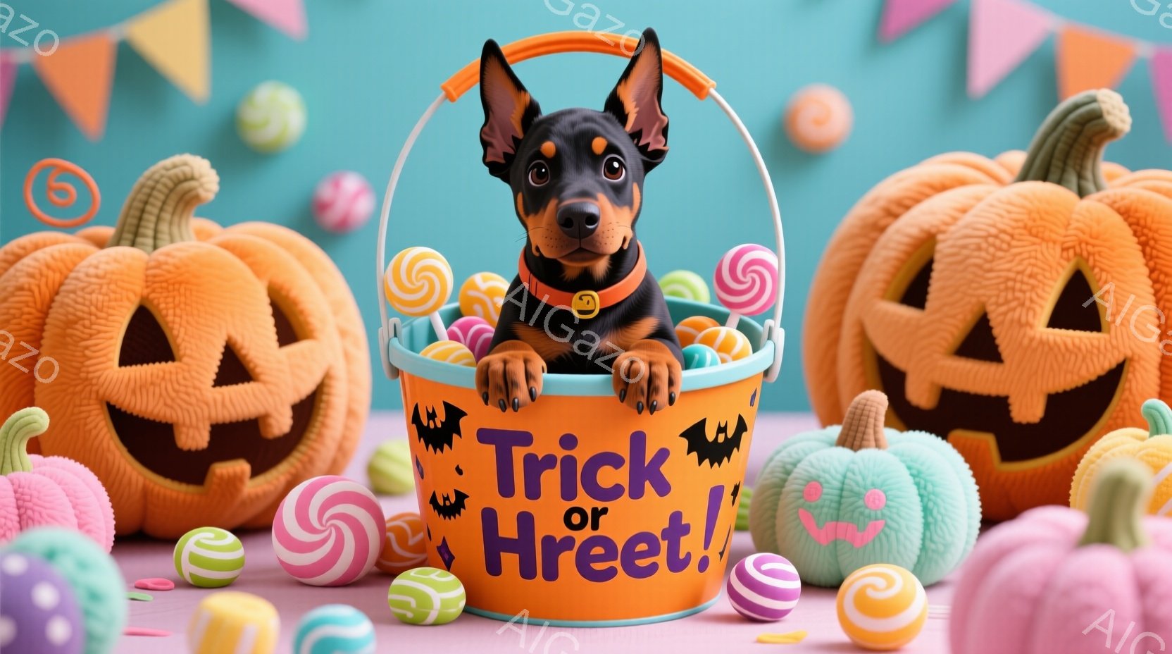 ハロウィーンをテーマにした可愛らしい写真です。小さなチワワが「トリック・オア・トリート」と書かれたバケツの中から顔を出しており、周囲にはカラフルなキャンディや、ジャック・オー・ランタン、かぼちゃが散り - AI生成フリー素材