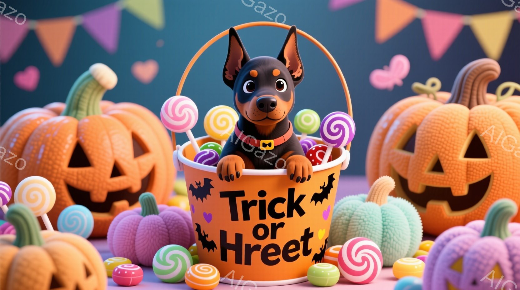 オレンジ色のハロウィンバケツの中に、小さな黒い犬がちょこんと座っています。周囲にはキャンディやカボチャが配置され、背景にはカラフルな装飾が施され、お祭り気分を盛り上げています。全体的に明るく、可愛らし - AI生成フリー素材