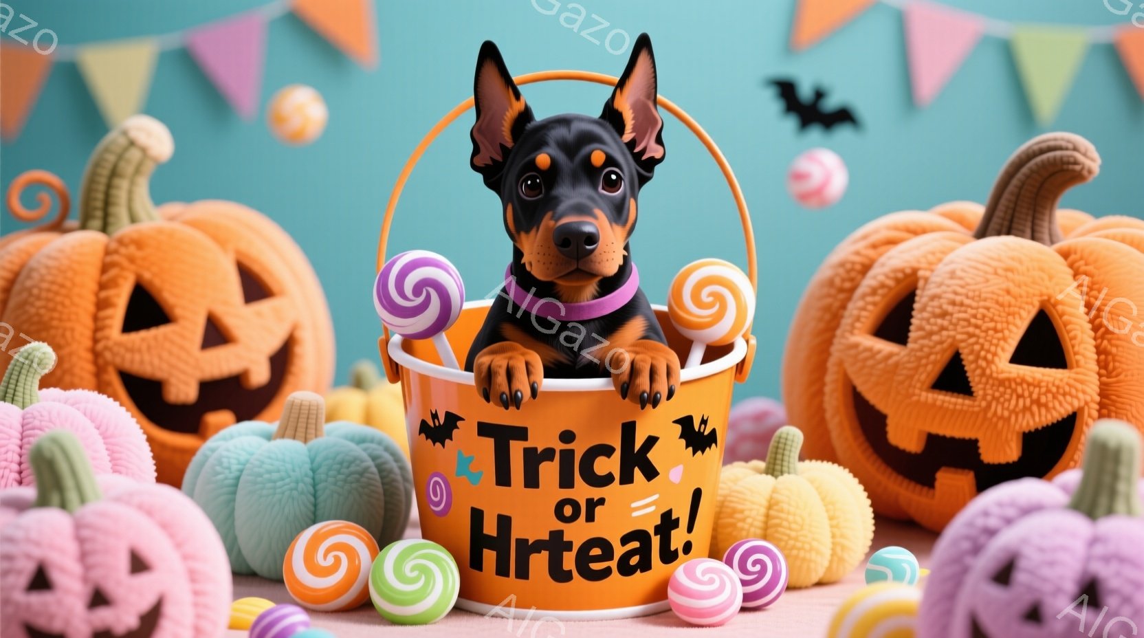 小さなチワワが、ハロウィーンをテーマにしたオレンジ色のバケツから顔を出しています。バケツには「Trick or Hreat!」と書かれており、バケツの周りにはカラフルなキャンディーとジャック・オー・ラ - AI生成フリー素材