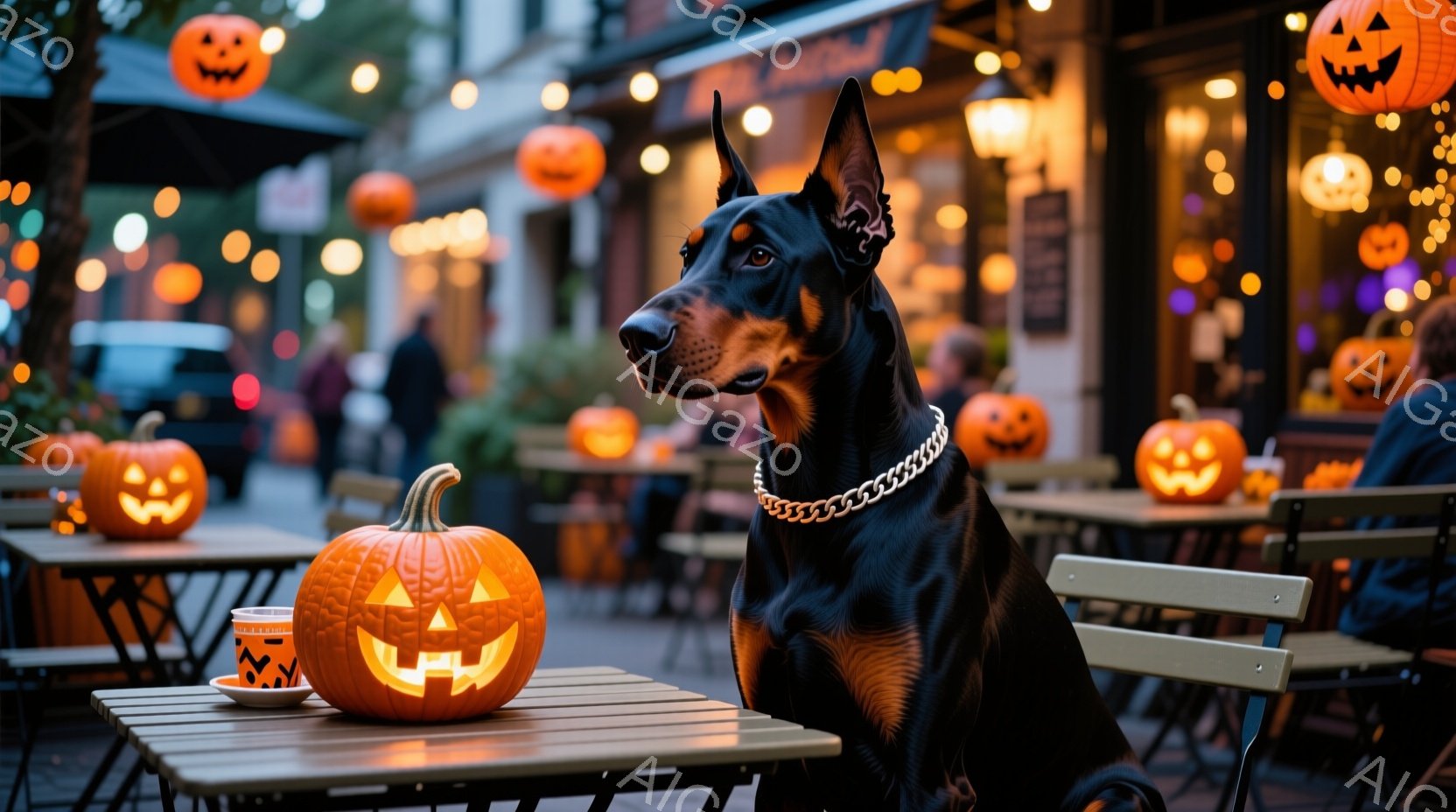 黒いドーベルマンが、ハロウィーンの装飾がされた屋外カフェのテーブルに座っています。犬は首に太い銀のチェーンをつけており、真剣な表情でカメラを見つめています。背景には、さまざまな大きさの彫刻されたカボチ - AI生成フリー素材