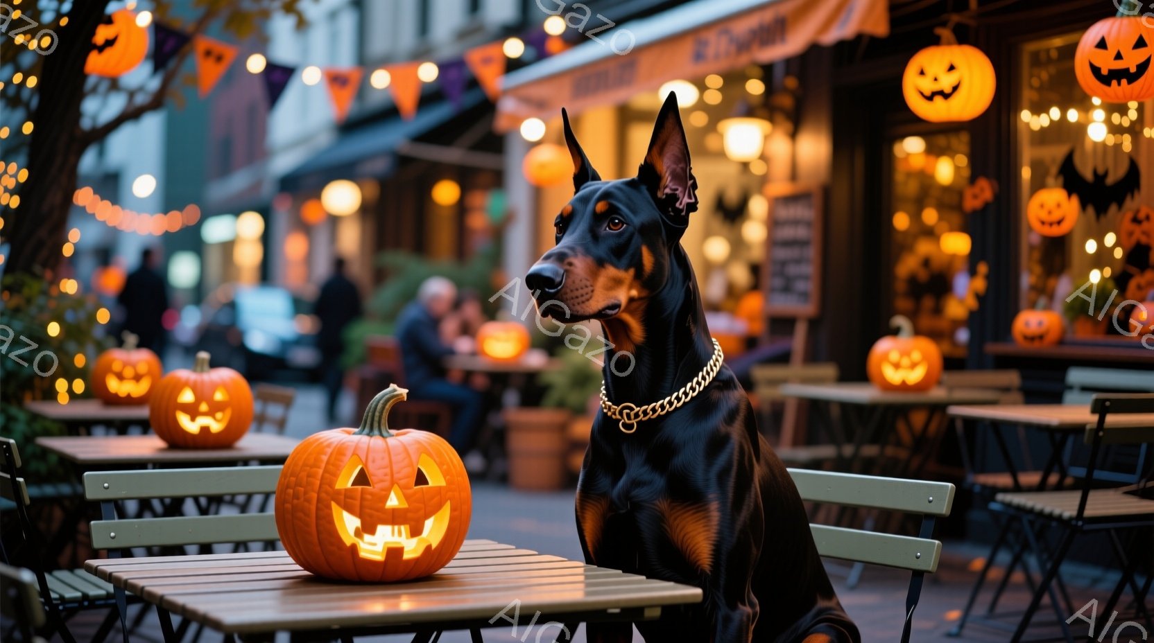 ドーベルマンが、ハロウィンの飾り付けがされた屋外カフェのテーブルに座っている。その犬は光沢のある黒い首輪をつけ、真剣な表情でこちらを見ている。背景には、かぼちゃのランタンやイルミネーションが飾られたカ - AI生成フリー素材
