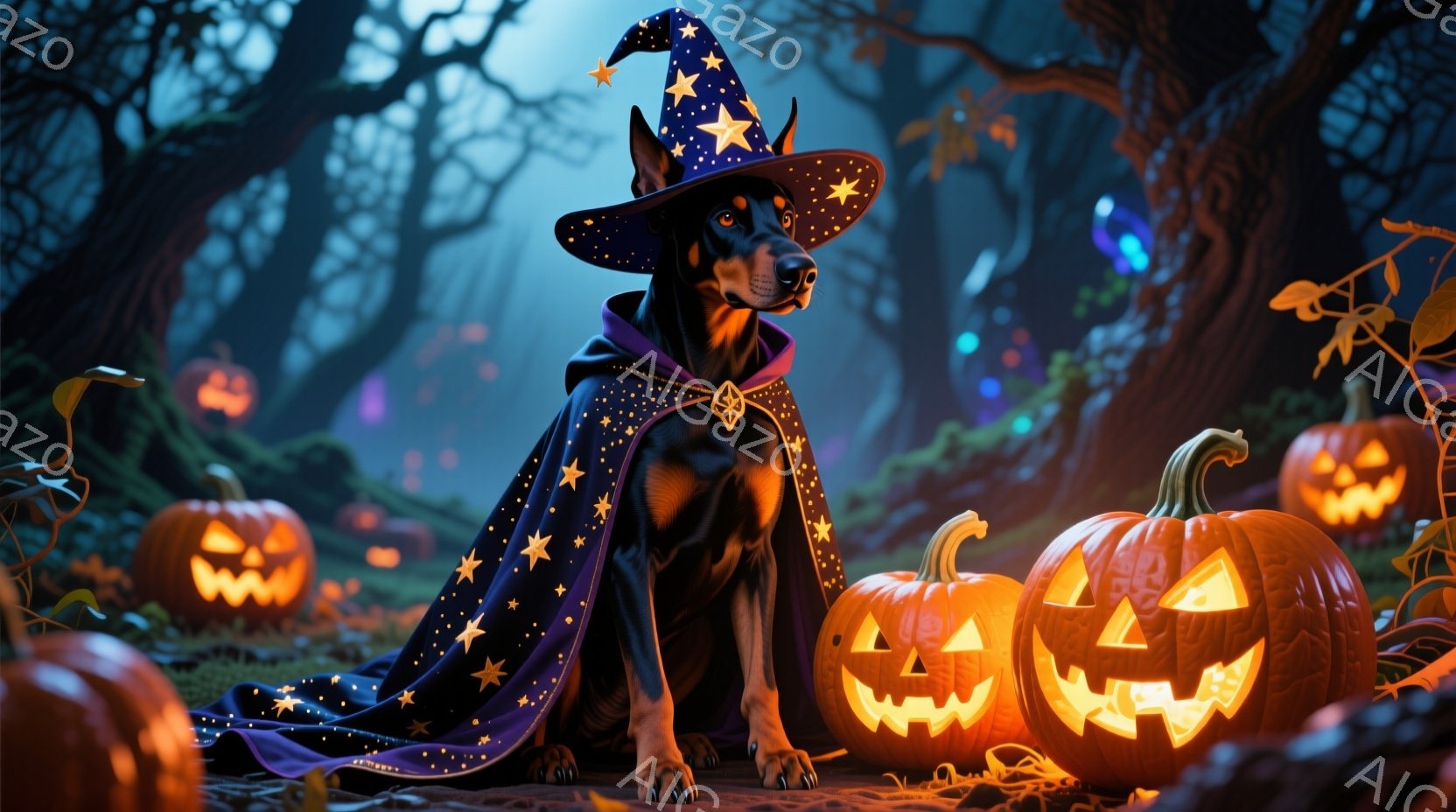 黒いドーベルマンが、星柄の黒い魔法使いの帽子とマントを身につけて座っています。周囲にはジャック・オー・ランタンが点灯しており、暗い森の中の不気味なハロウィーンの雰囲気を作り出しています。木々が背景にそ - AI生成フリー素材