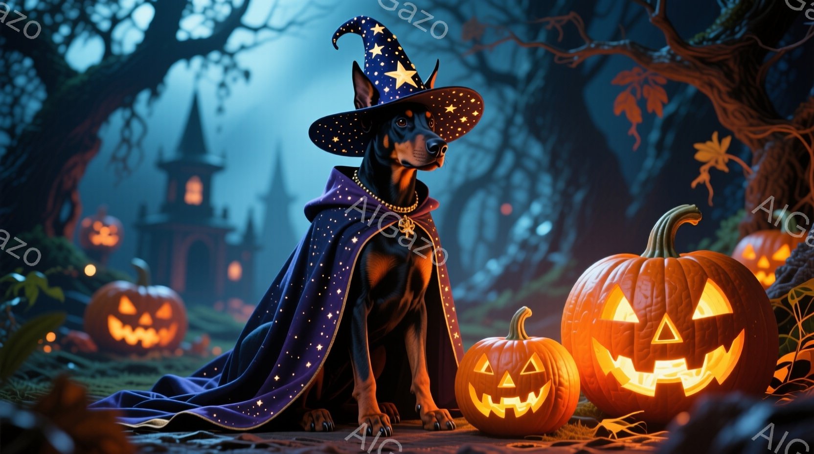 ドーベルマンが魔法使いの帽子と星が散りばめられたマントを着て、まっすぐに座っています。周囲には様々な大きさのジャック・オー・ランタンが配置され、背後には暗い森と遠くに見えるお城がぼんやりと見えます。全 - AI生成フリー素材