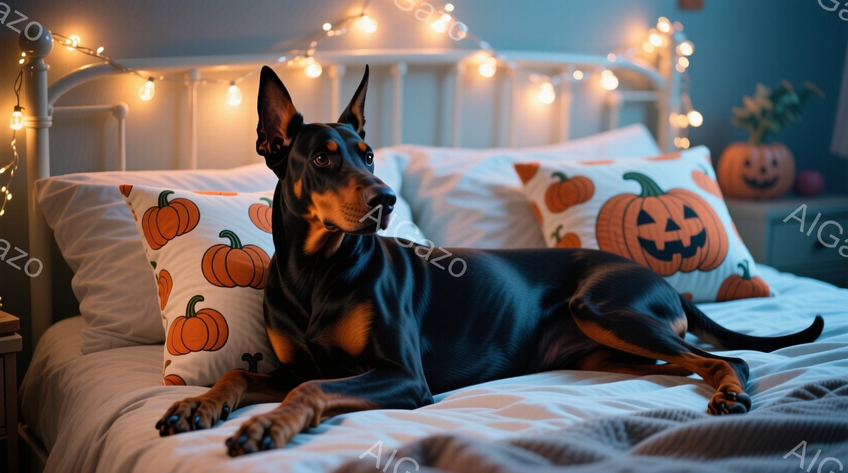 黒いドーベルマンが白いベッドに横たわっており、顔はリラックスした表情でカメラの方を見ている。背景にはハロウィーンを意識したカボチャ柄の枕や、カボチャの置物が置かれ、温かい光のガーランドが天井から吊るさ - AI生成フリー素材