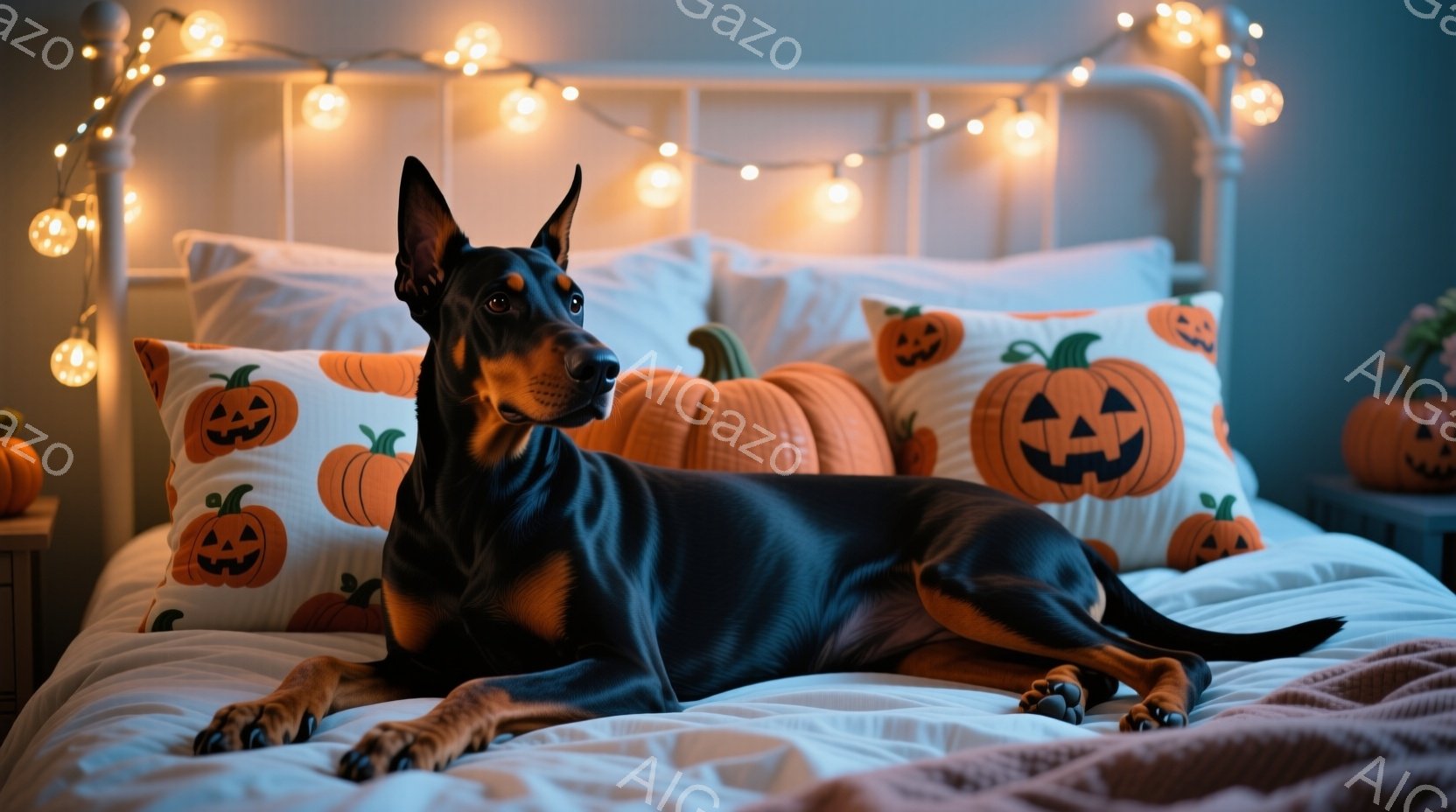黒いドーベルマンがベッドの上で横たわっており、やや上目遣いでこちらを見ている。背景にはハロウィーンを意識したカボチャ柄の枕や装飾が配置され、オレンジ色の温かい光が室内を照らしている。全体的に落ち着いた - AI生成フリー素材