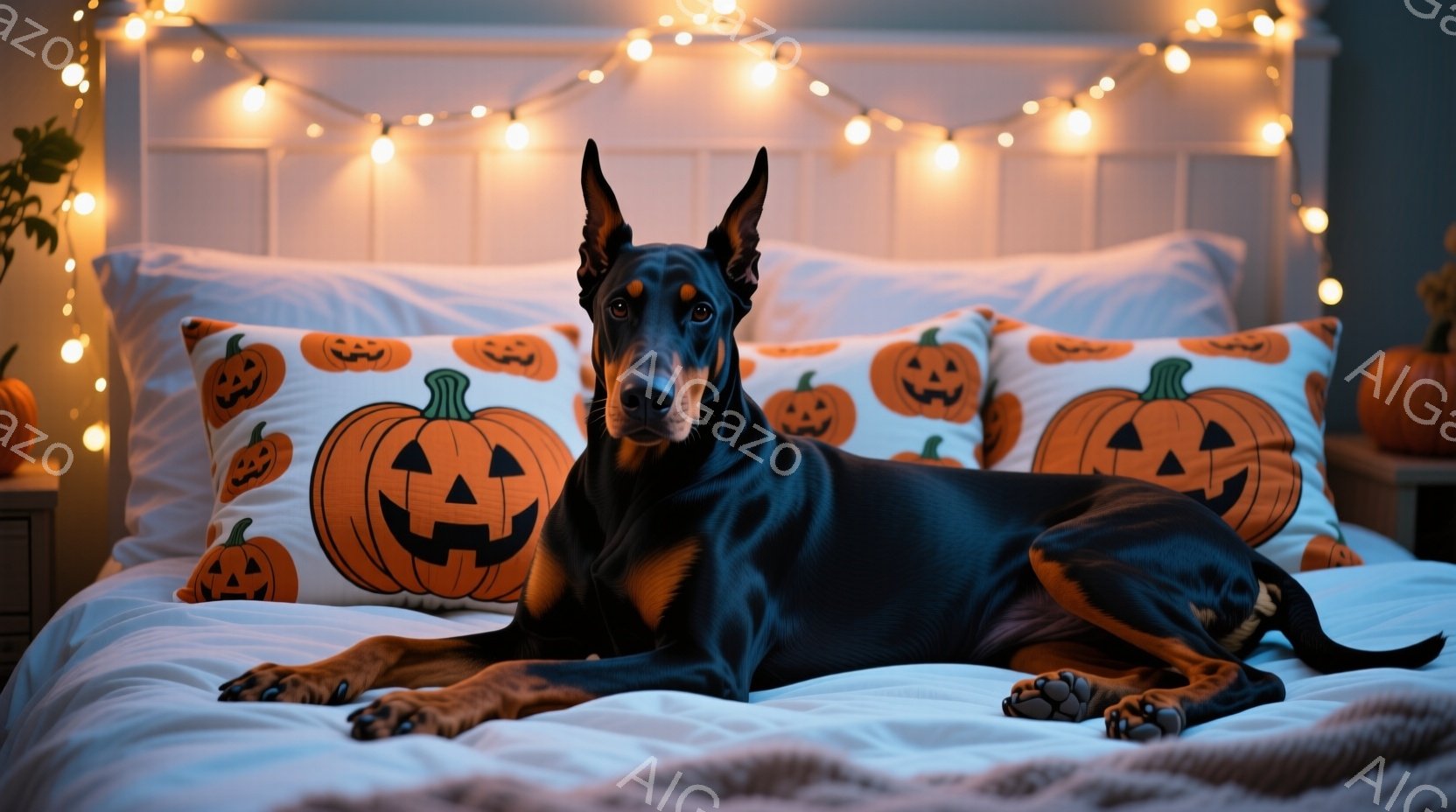 ドーベルマンがベッドに横たわっており、ハロウィーンをテーマにしたカボチャ柄の枕が背景に並んでいます。犬は落ち着いた表情でカメラを見つめ、リラックスした姿勢で体を伸ばしています。 ベッドの周りには、ハロ - AI生成フリー素材