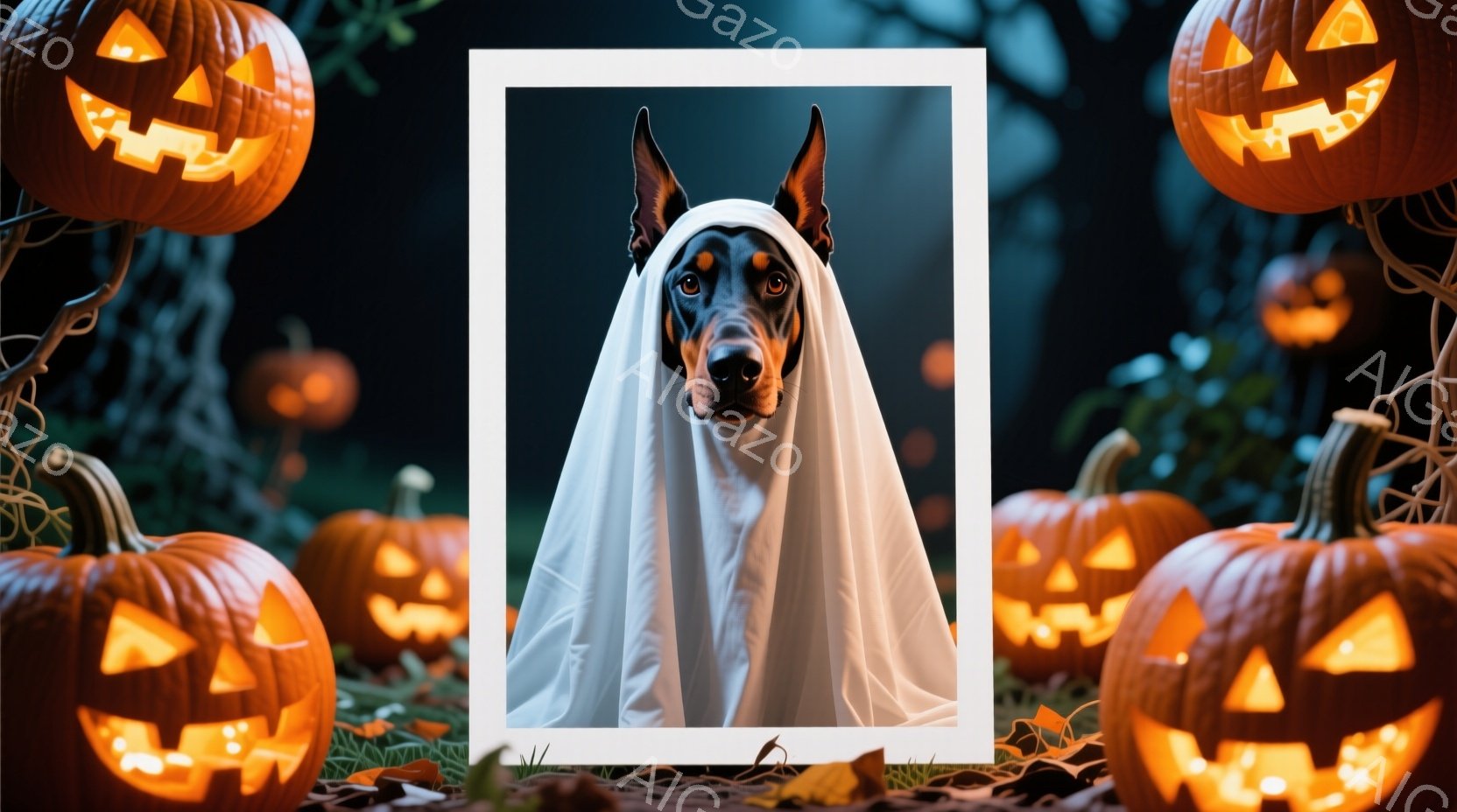 黒いドーベルマン犬が白い布で幽霊のように覆われています。犬はまっすぐ前を見ており、少しだけ耳が見えています。背景には、様々な大きさのジャック・オ・ランタンが置かれ、落ち葉が散らばった暗い夜のハロウィー - AI生成フリー素材