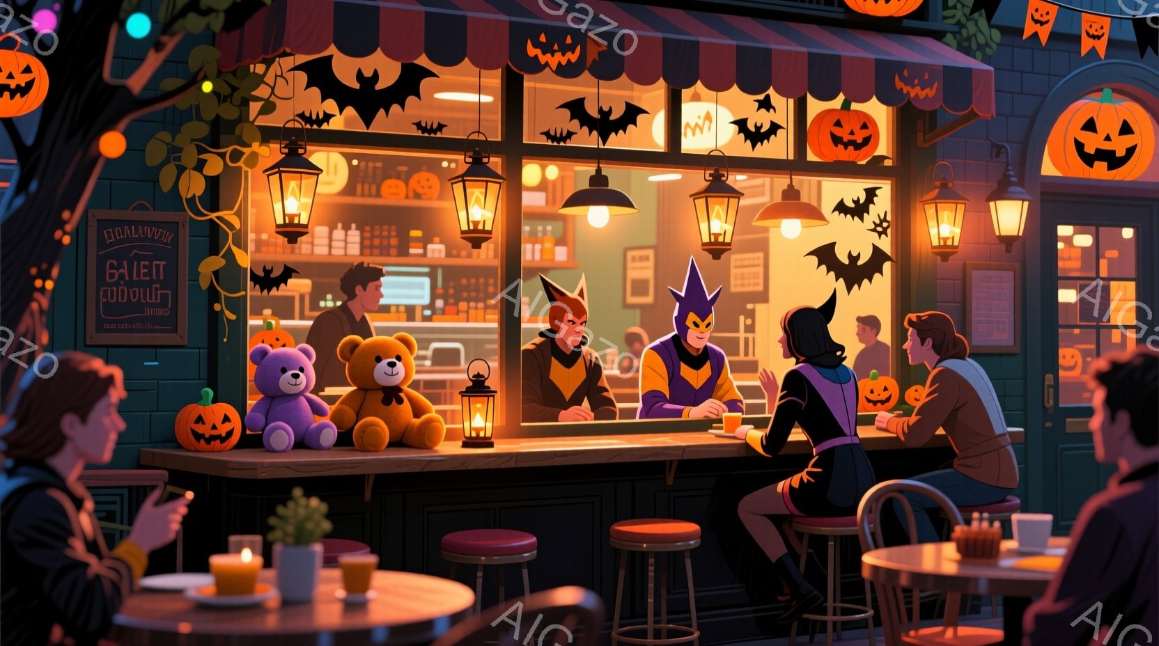 ハロウィーンの夜、カフェのカウンター席に、バットマン、ロビン、スーパーガールらしきコスチュームを着た三人が腰掛けている。彼らは飲み物を前にして談笑しており、特にスーパーガールは楽しそうに微笑んでいる。カフェの外は夜で、カボチャのランタンが飾られ、ハロウィーンらしい賑やかな雰囲気である。