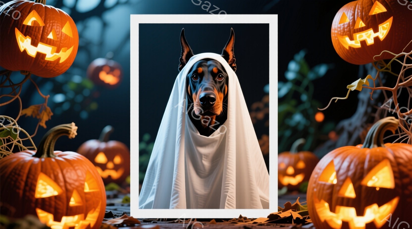 ドーベルマンが白い幽霊のような布を羽織り、正面を見つめています。背景にはハロウィーンの象徴であるジャック・オー・ランタンが複数配置され、全体的に暗く不気味な雰囲気を醸し出しています。落ち葉と絡み合った - AI生成フリー素材